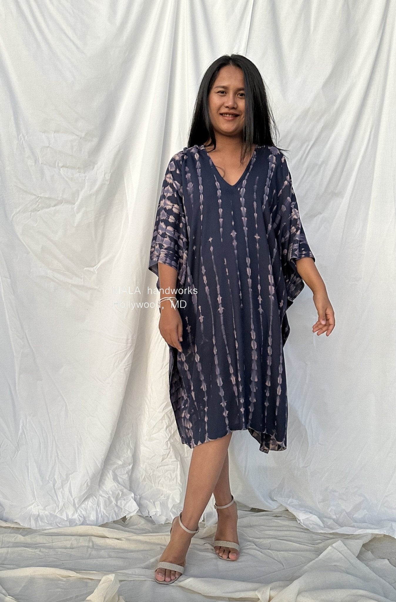 MALA handworks  Fiona Midi Kaftan in Dark Blue and Purple Tie Dye