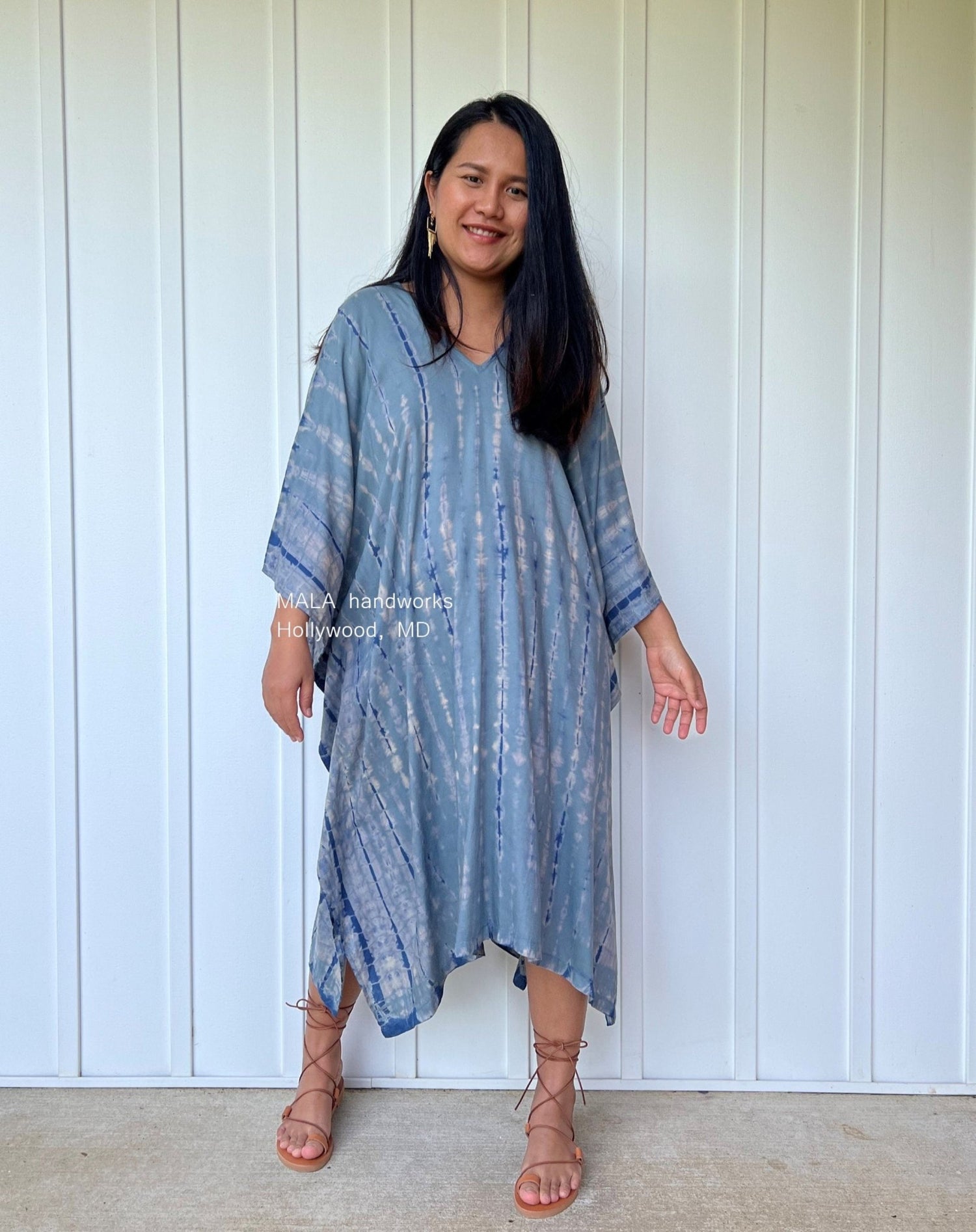 MALA handworks  Fiona Midi Kaftan in Gray and Blue Tie Dye