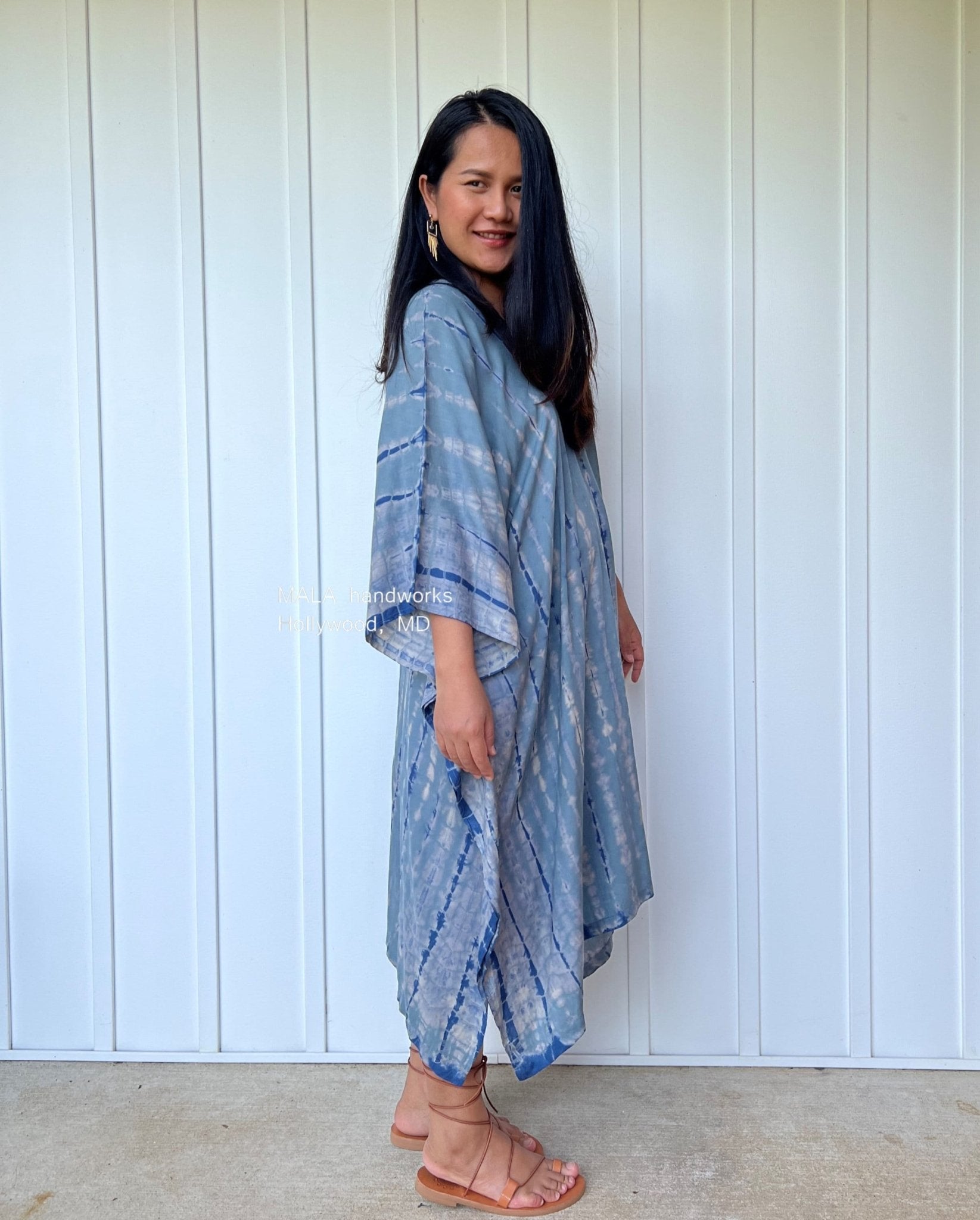 MALA handworks  Fiona Midi Kaftan in Gray and Blue Tie Dye