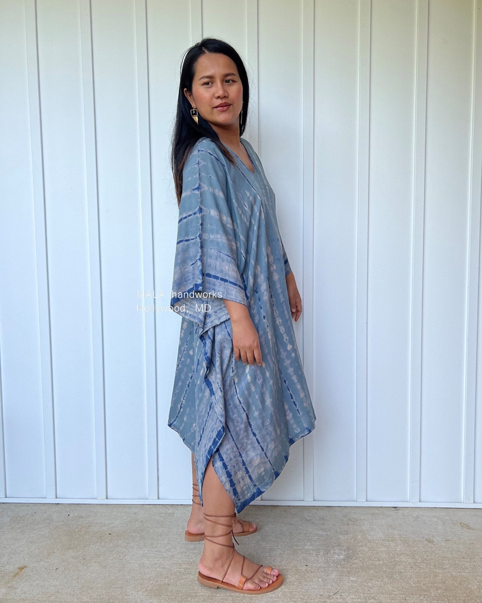 MALA handworks  Fiona Midi Kaftan in Gray and Blue Tie Dye
