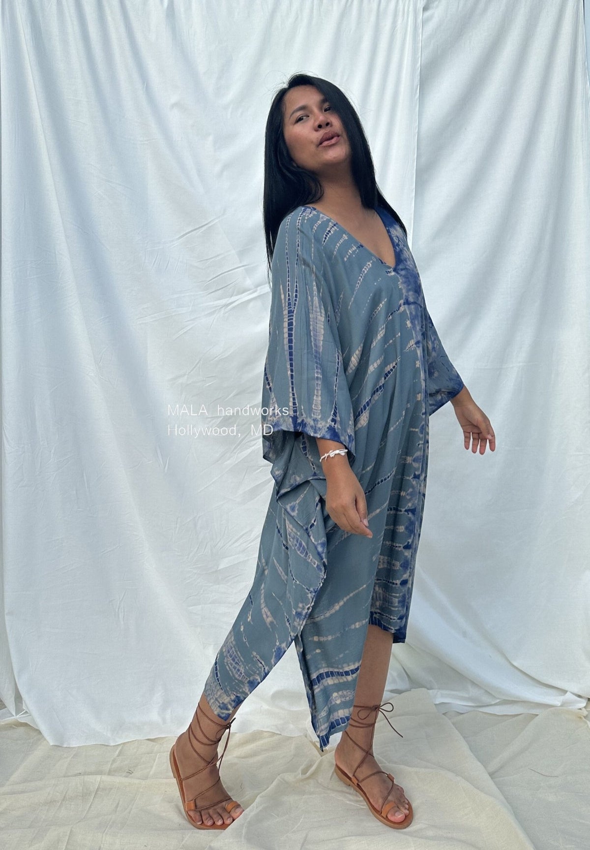 MALA handworks  Fiona Midi Kaftan in Gray and Blue Tie Dye
