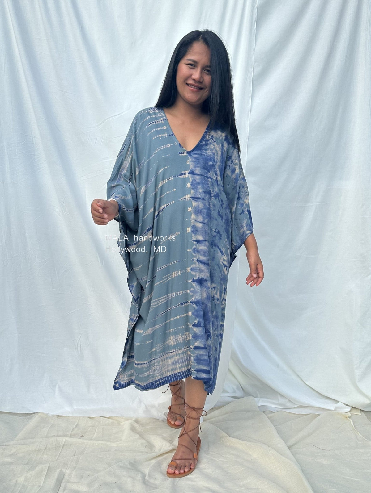 MALA handworks  Fiona Midi Kaftan in Gray and Blue Tie Dye