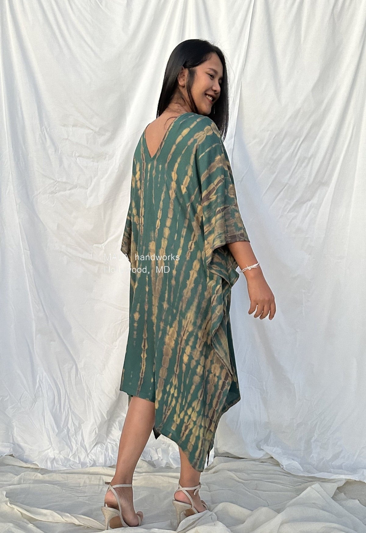 MALA handworks  Fiona Midi Kaftan in Green and Yellow Tie Dye
