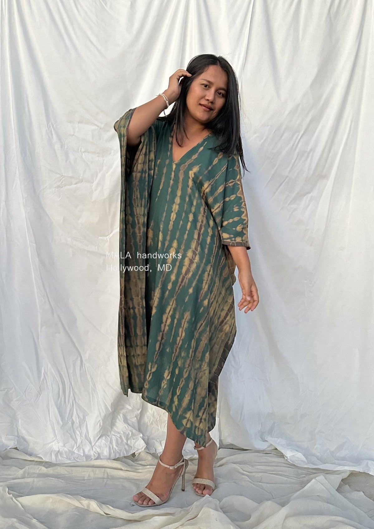 MALA handworks  Fiona Midi Kaftan in Green and Yellow Tie Dye
