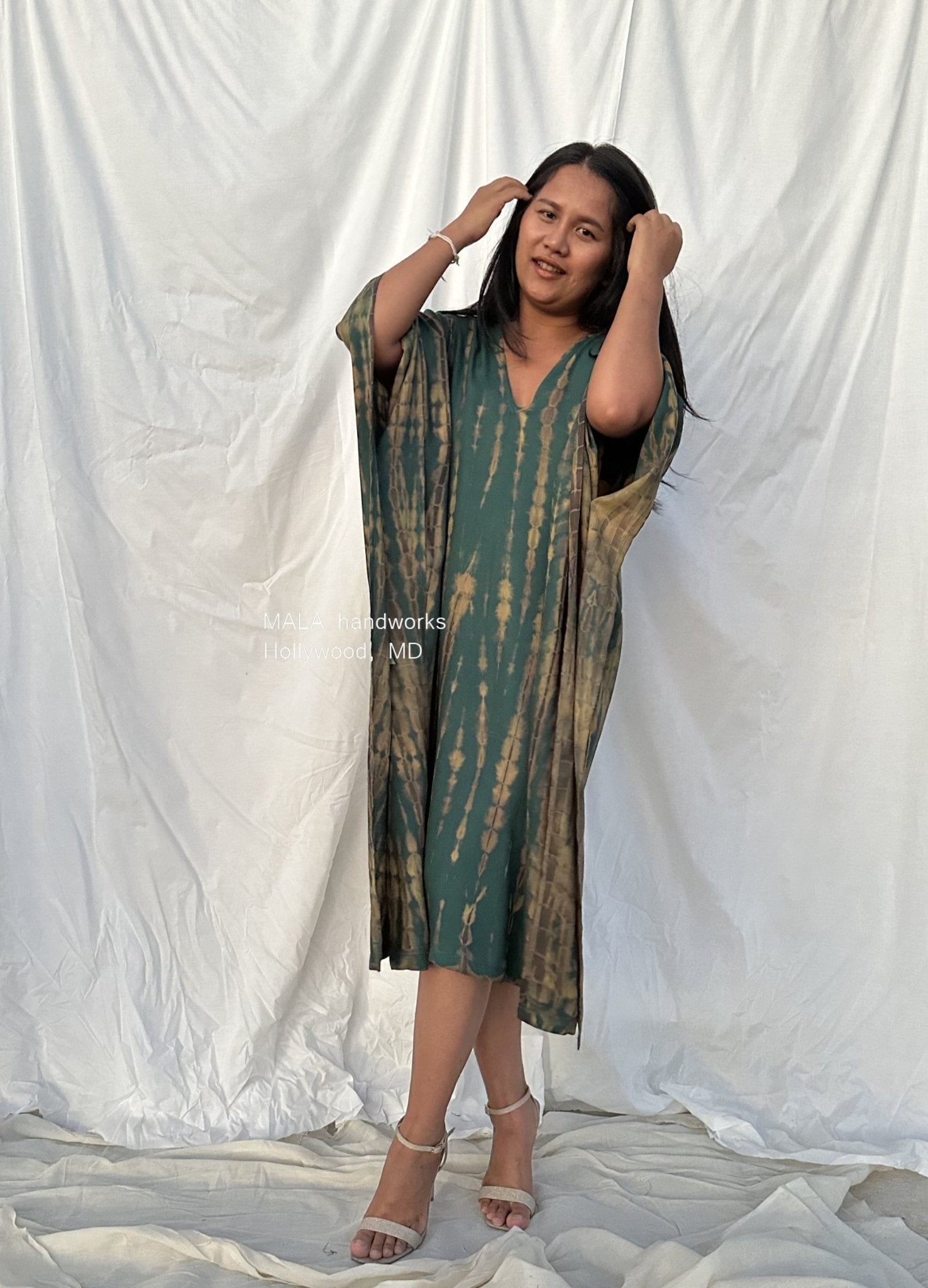 MALA handworks  Fiona Midi Kaftan in Green and Yellow Tie Dye
