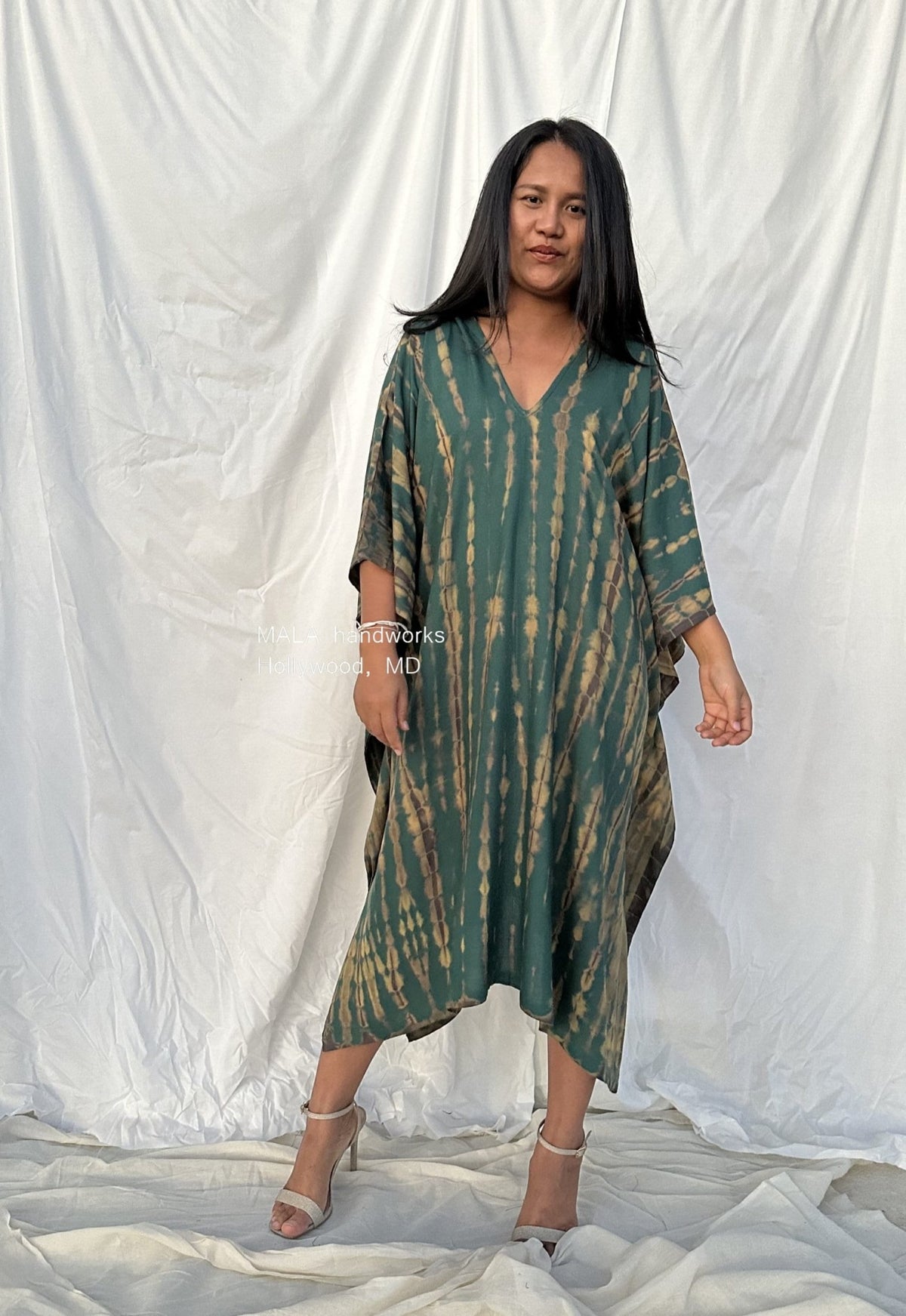 MALA handworks  Fiona Midi Kaftan in Green and Yellow Tie Dye