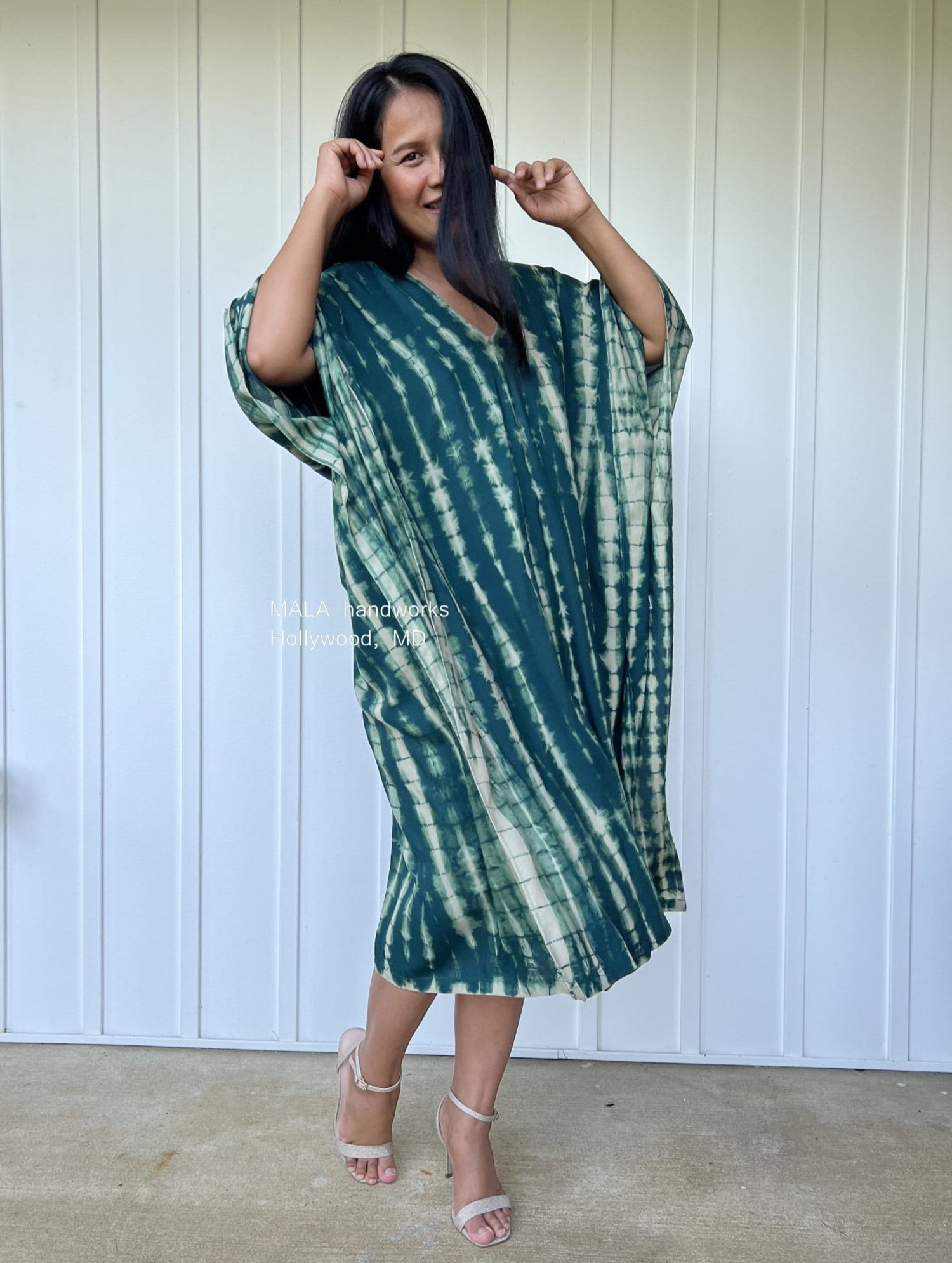 MALA handworks  Fiona Midi Kaftan in Green Teal Tie Dye