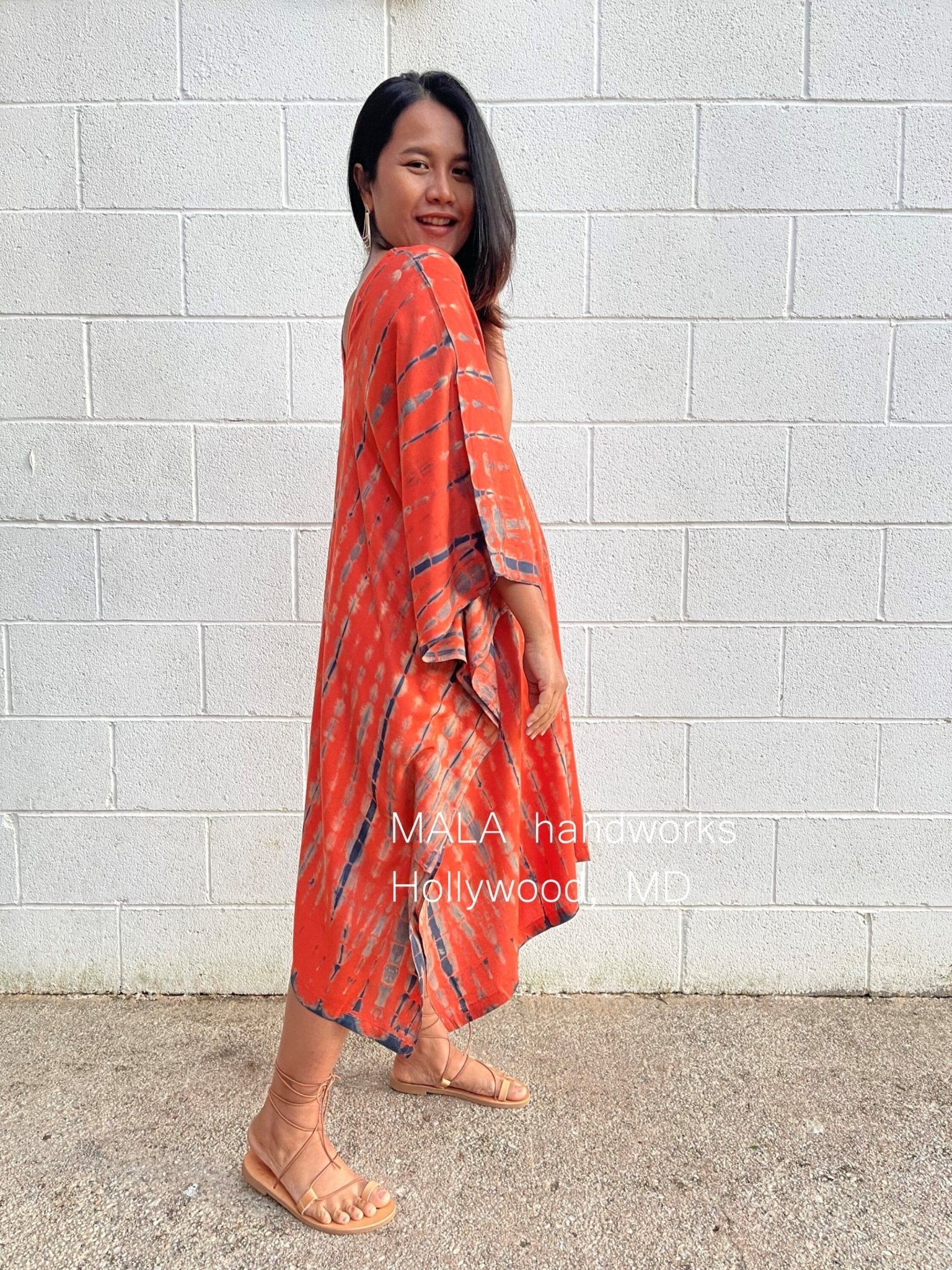 MALA handworks  Fiona Midi Kaftan in Orange and Black Tie Dye