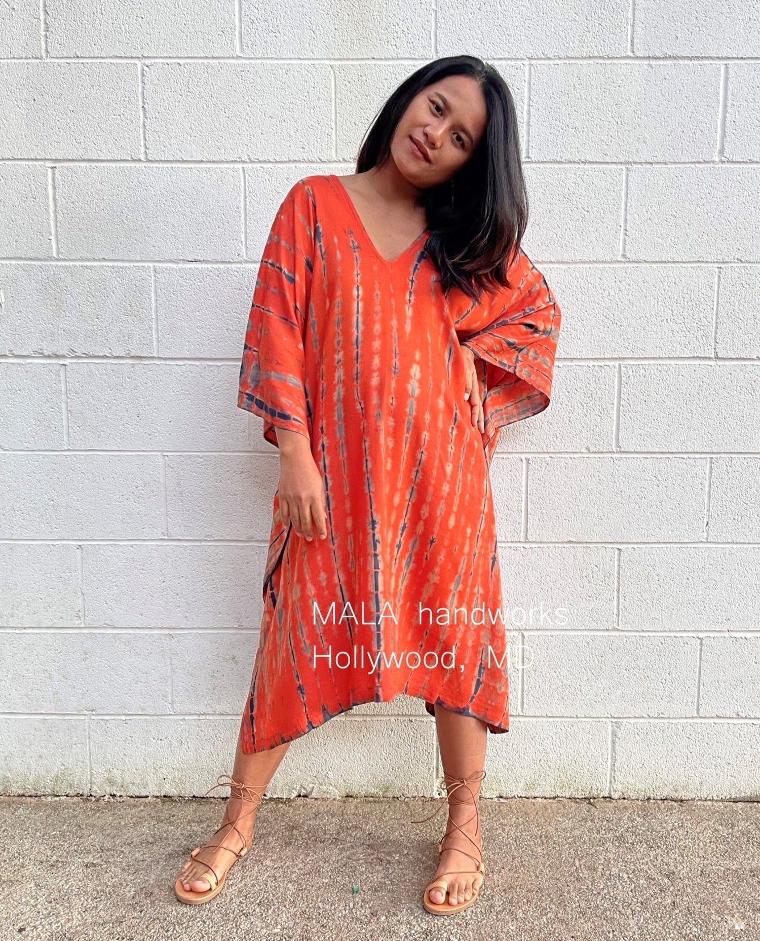 MALA handworks  Fiona Midi Kaftan in Orange and Black Tie Dye