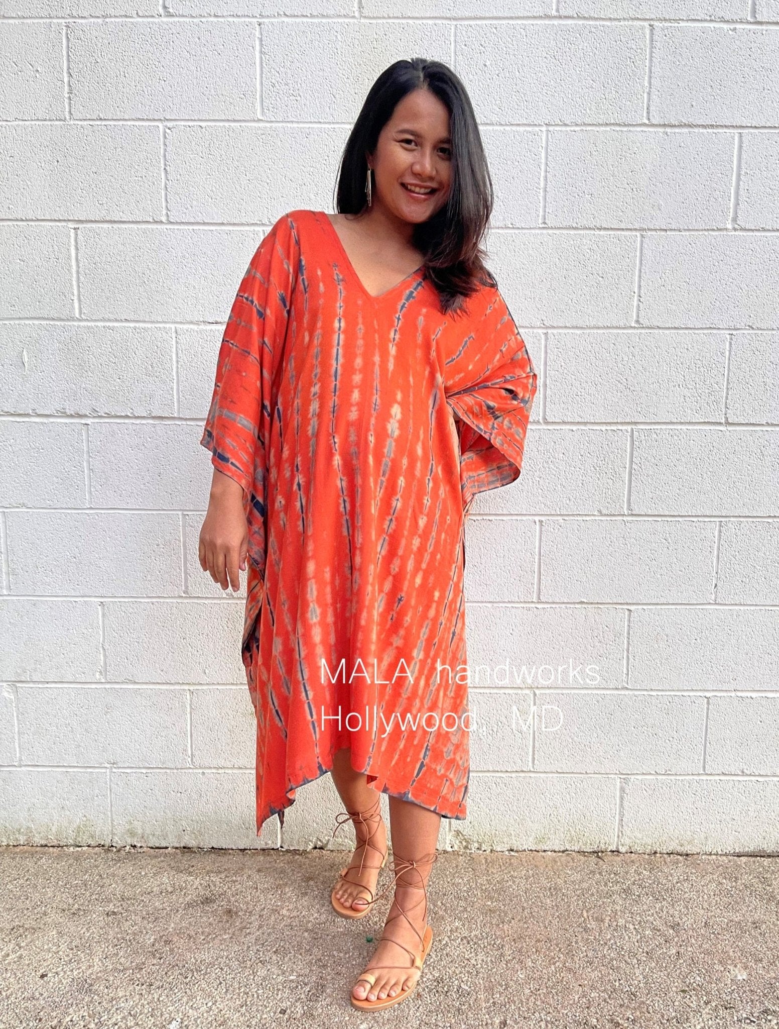 MALA handworks  Fiona Midi Kaftan in Orange and Black Tie Dye