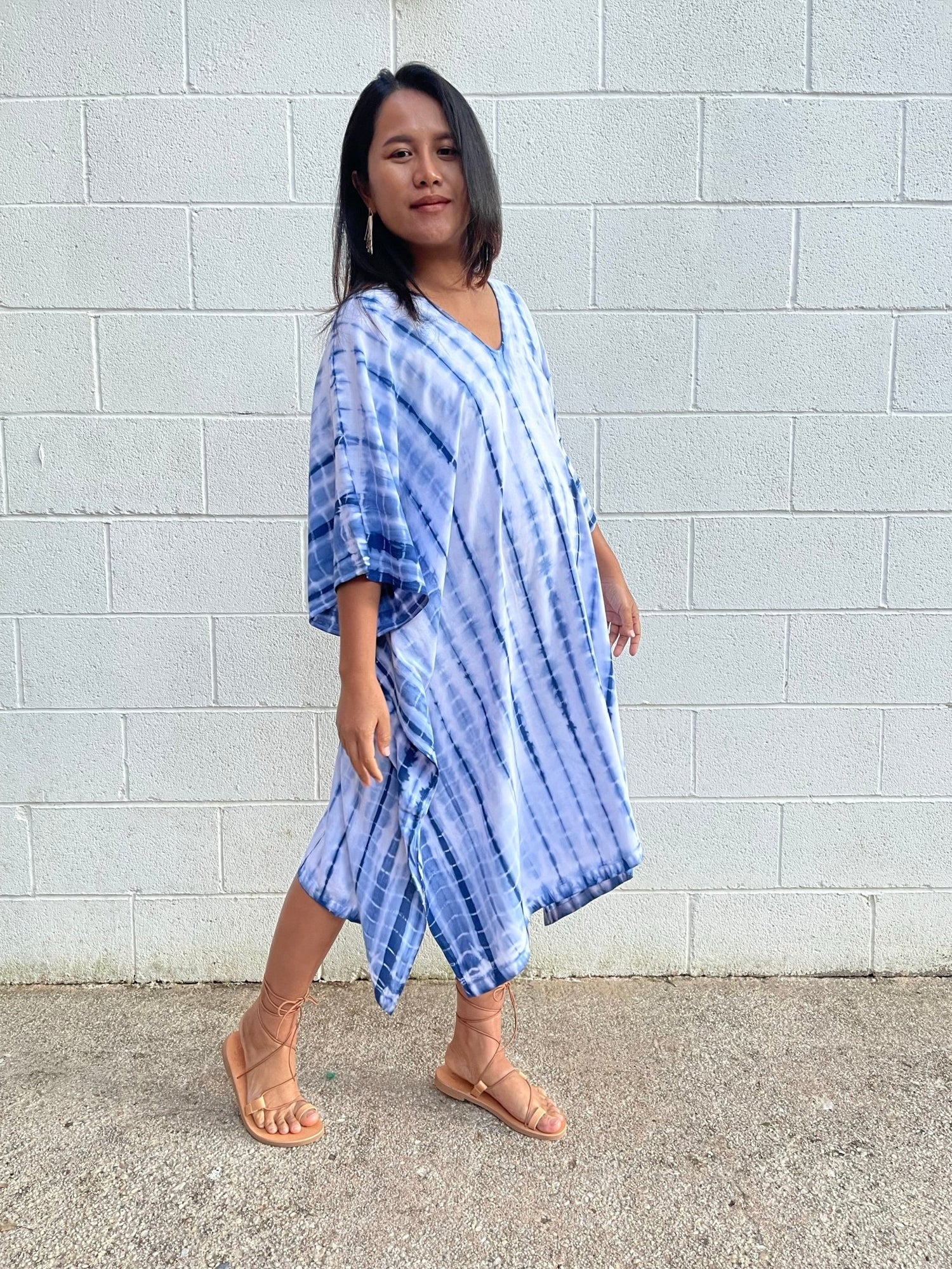 MALA handworks Fiona Midi Kaftan in White and Blue Tie Dye