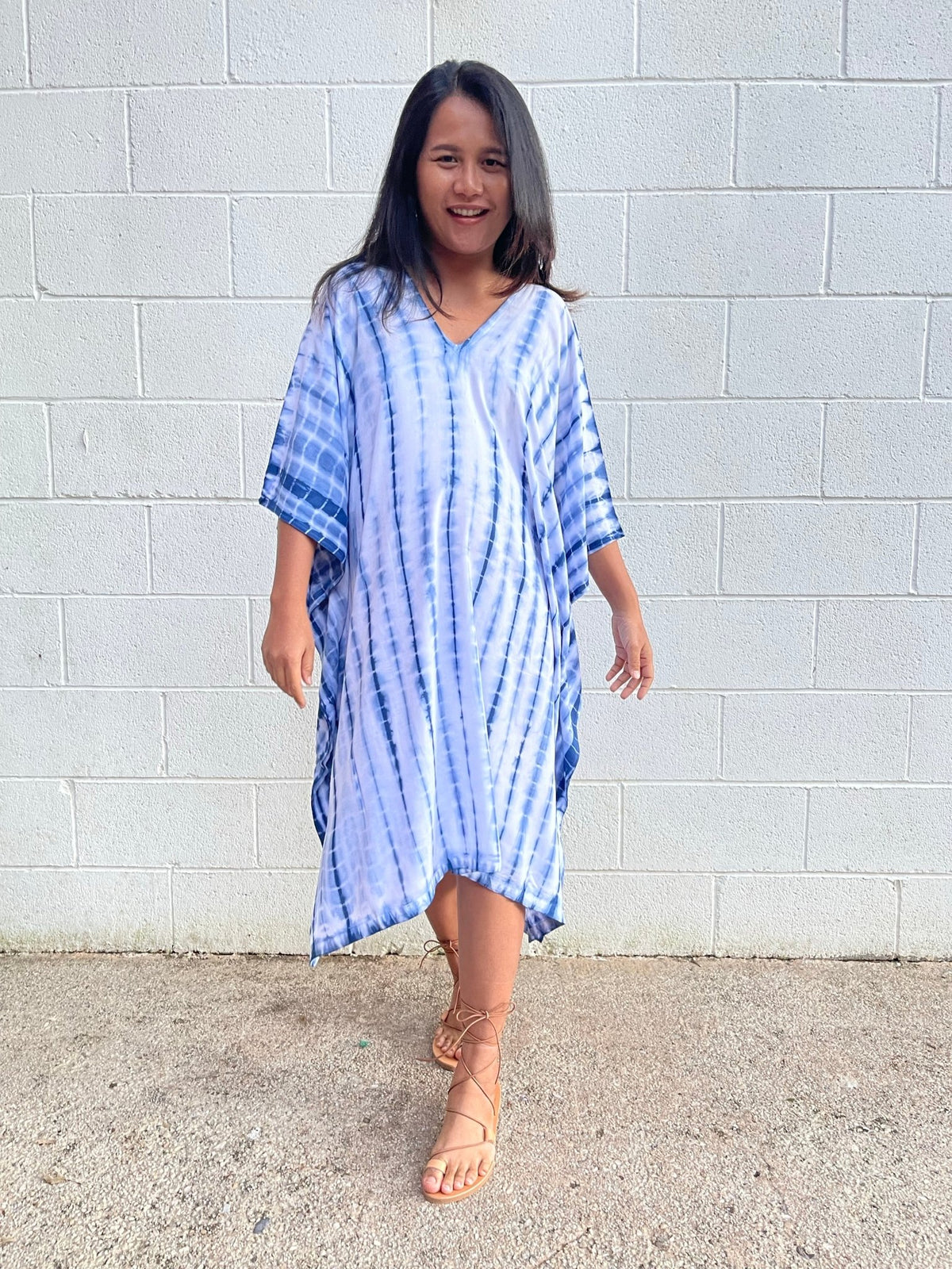 MALA handworks Fiona Midi Kaftan in White and Blue Tie Dye