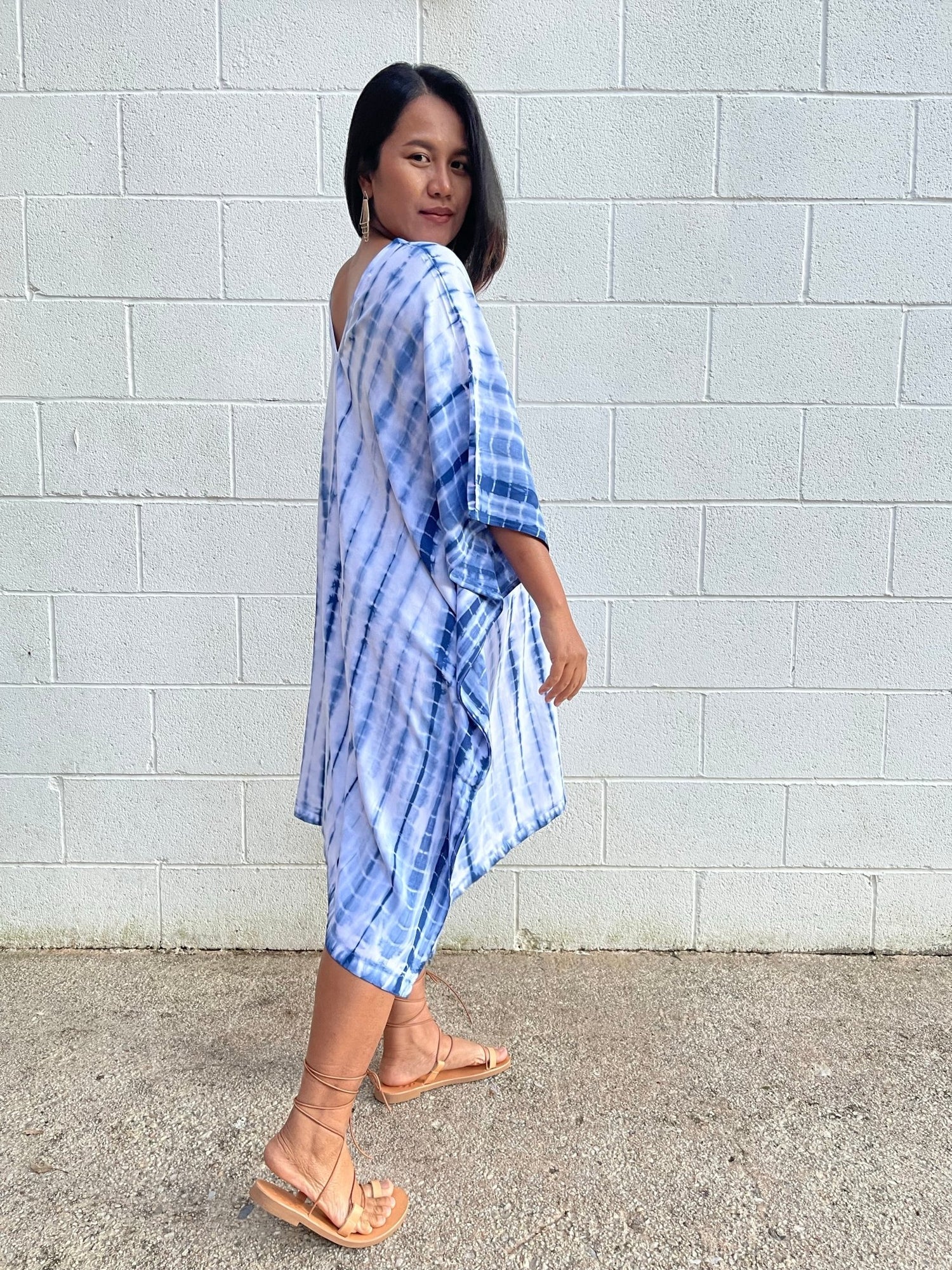 MALA handworks Fiona Midi Kaftan in White and Blue Tie Dye