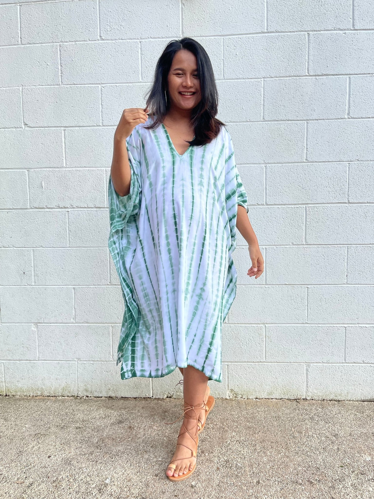 MALA handworks Fiona Midi Kaftan in White and Green Tie Dye