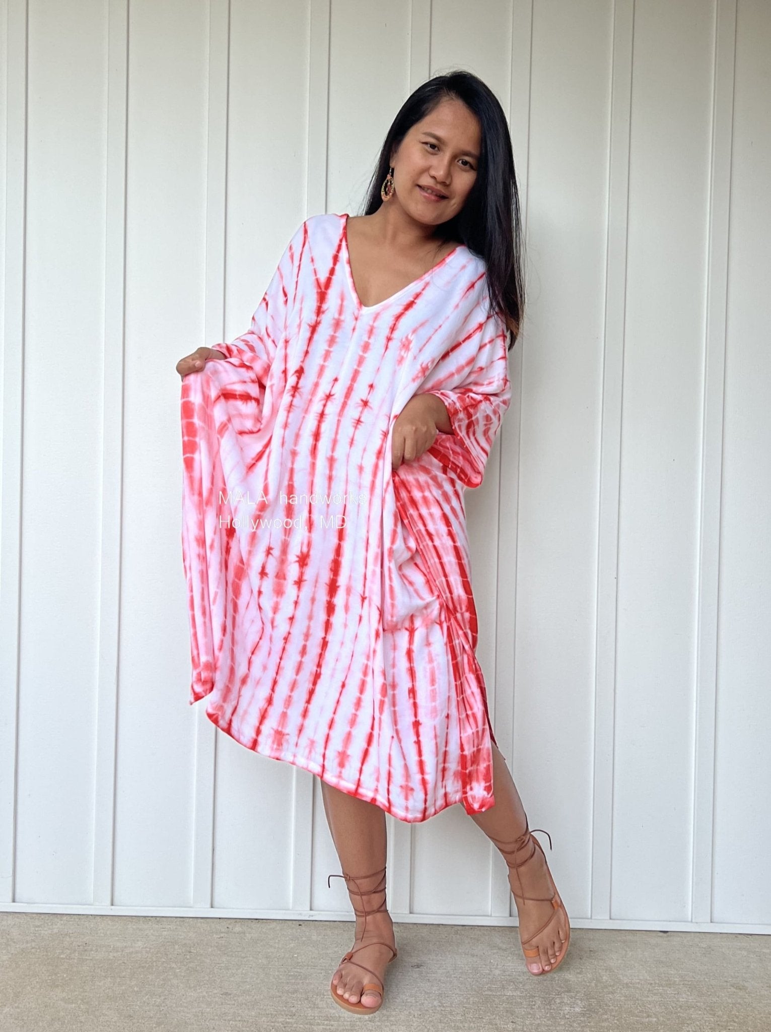 MALA handworks  Fiona Midi Kaftan in White and Orange Tie Dye
