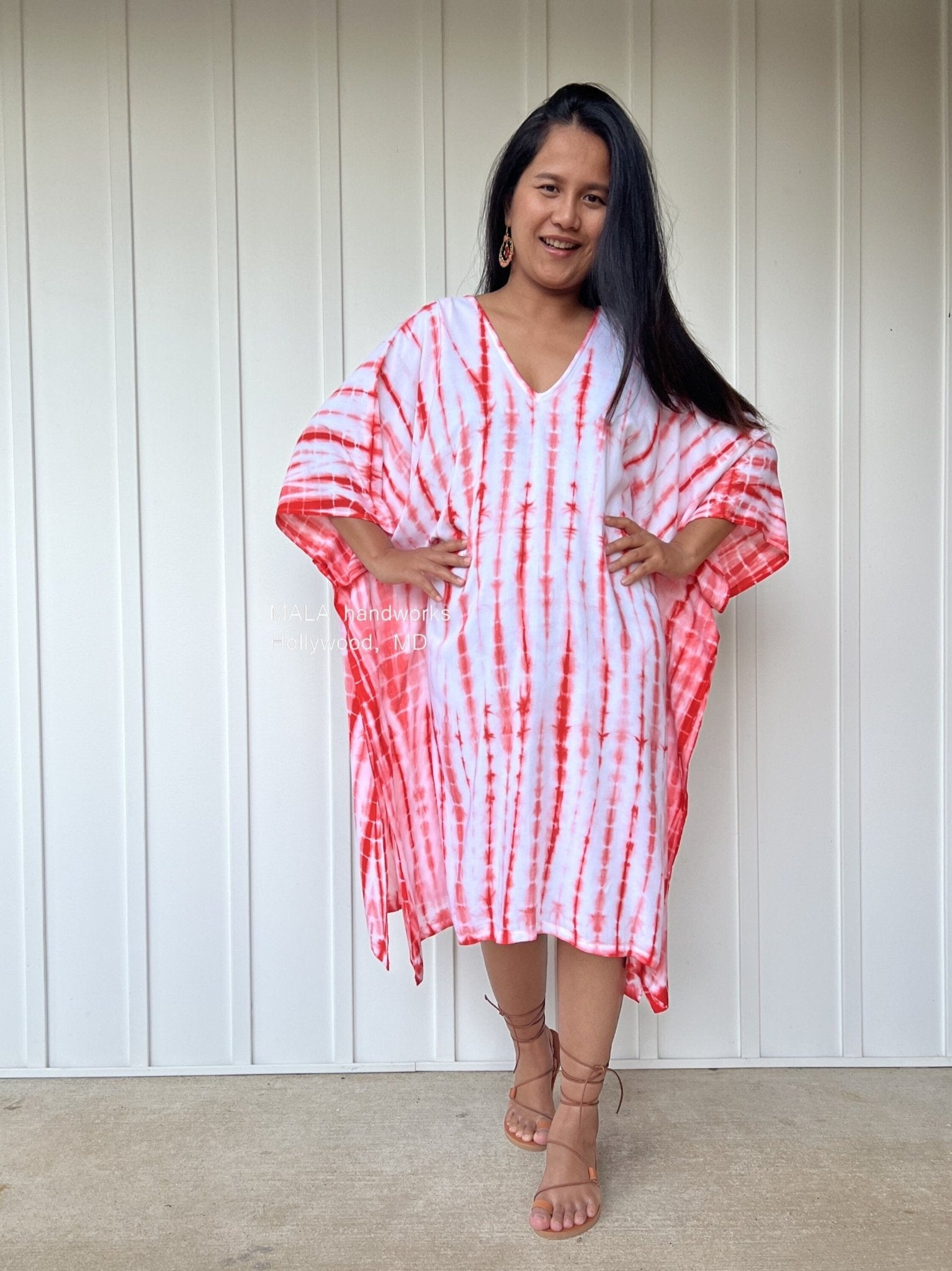 MALA handworks  Fiona Midi Kaftan in White and Orange Tie Dye