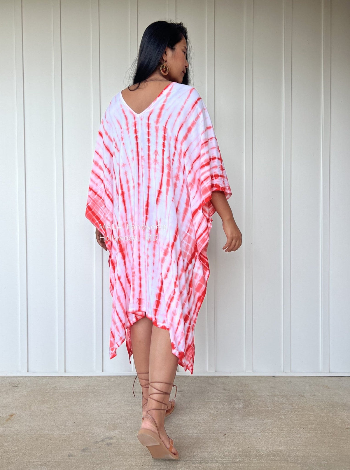 MALA handworks  Fiona Midi Kaftan in White and Orange Tie Dye