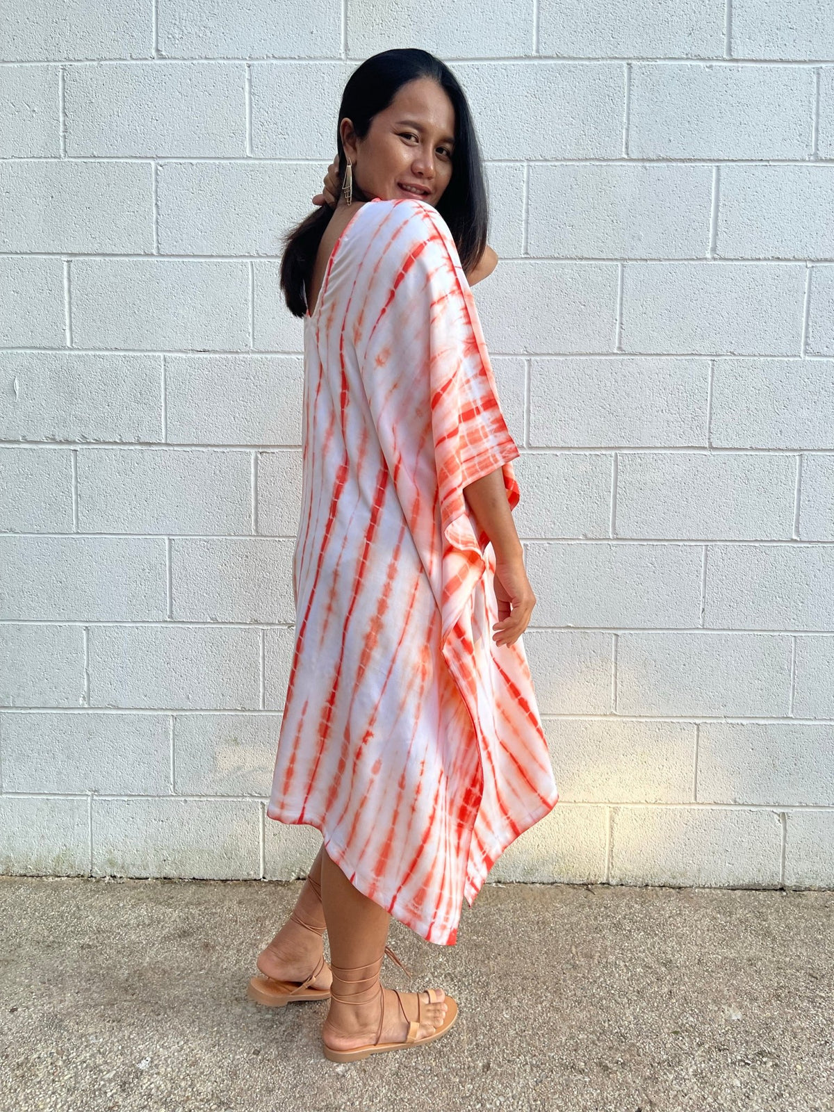 MALA handworks  Fiona Midi Kaftan in White and Orange Tie Dye