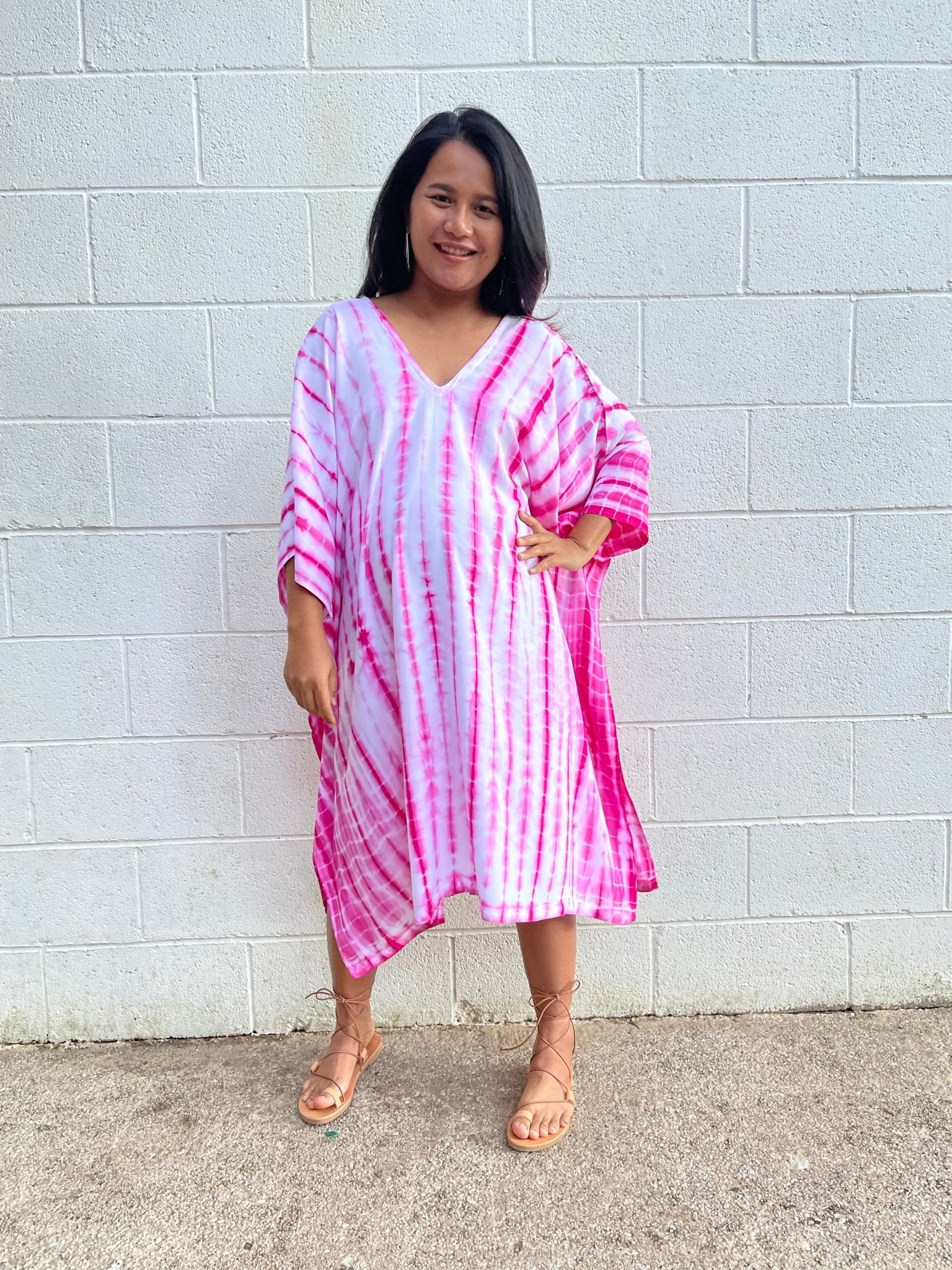 MALA handworks Fiona Midi Kaftan in White and Pink Tie Dye