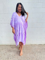 MALA handworks Fiona Midi Kaftan in White and Purple Tie Dye