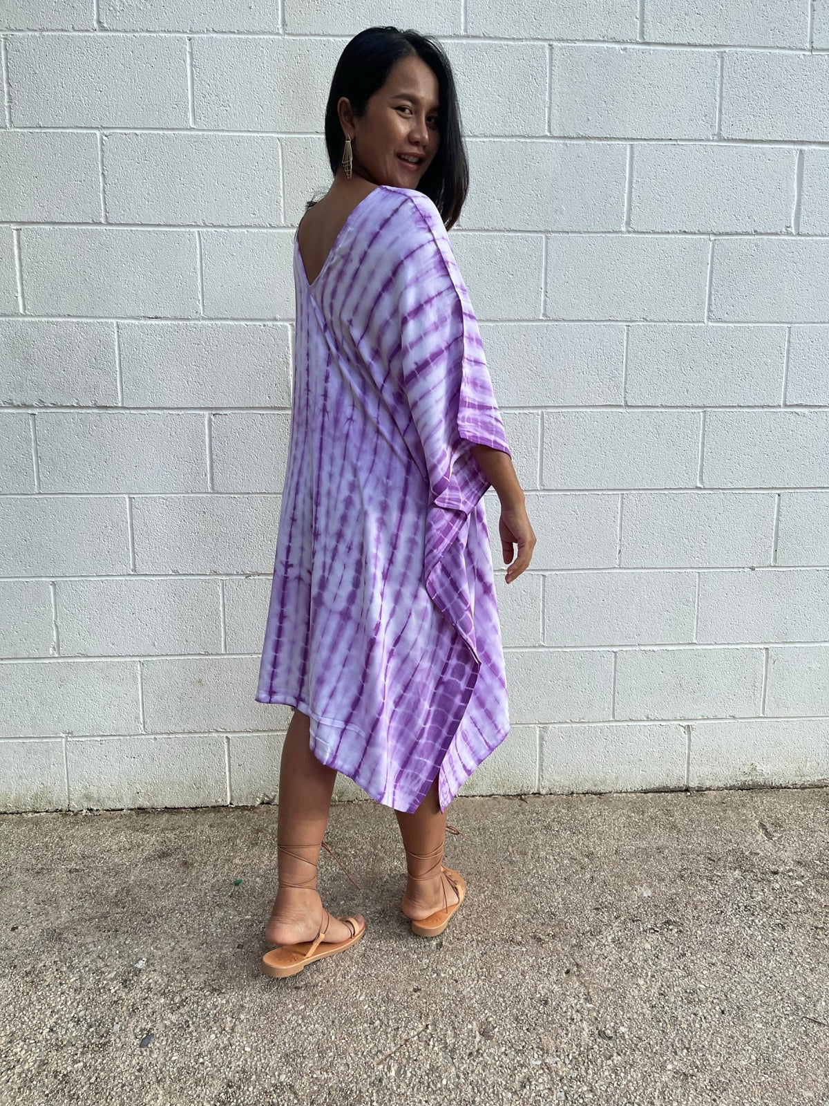 MALA handworks Fiona Midi Kaftan in White and Purple Tie Dye