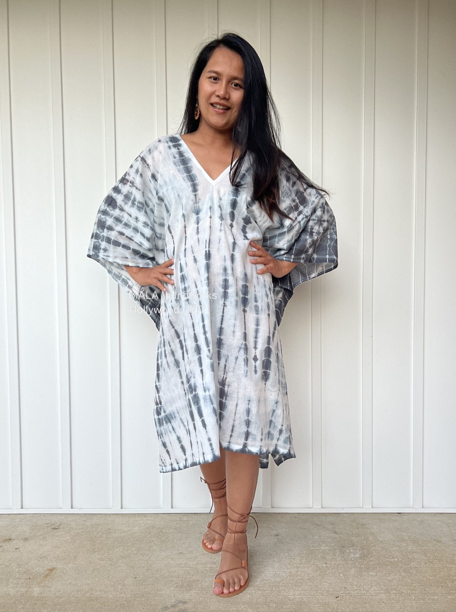 MALA handworks  Flora Midi Kaftan in White and Black Tie Dye