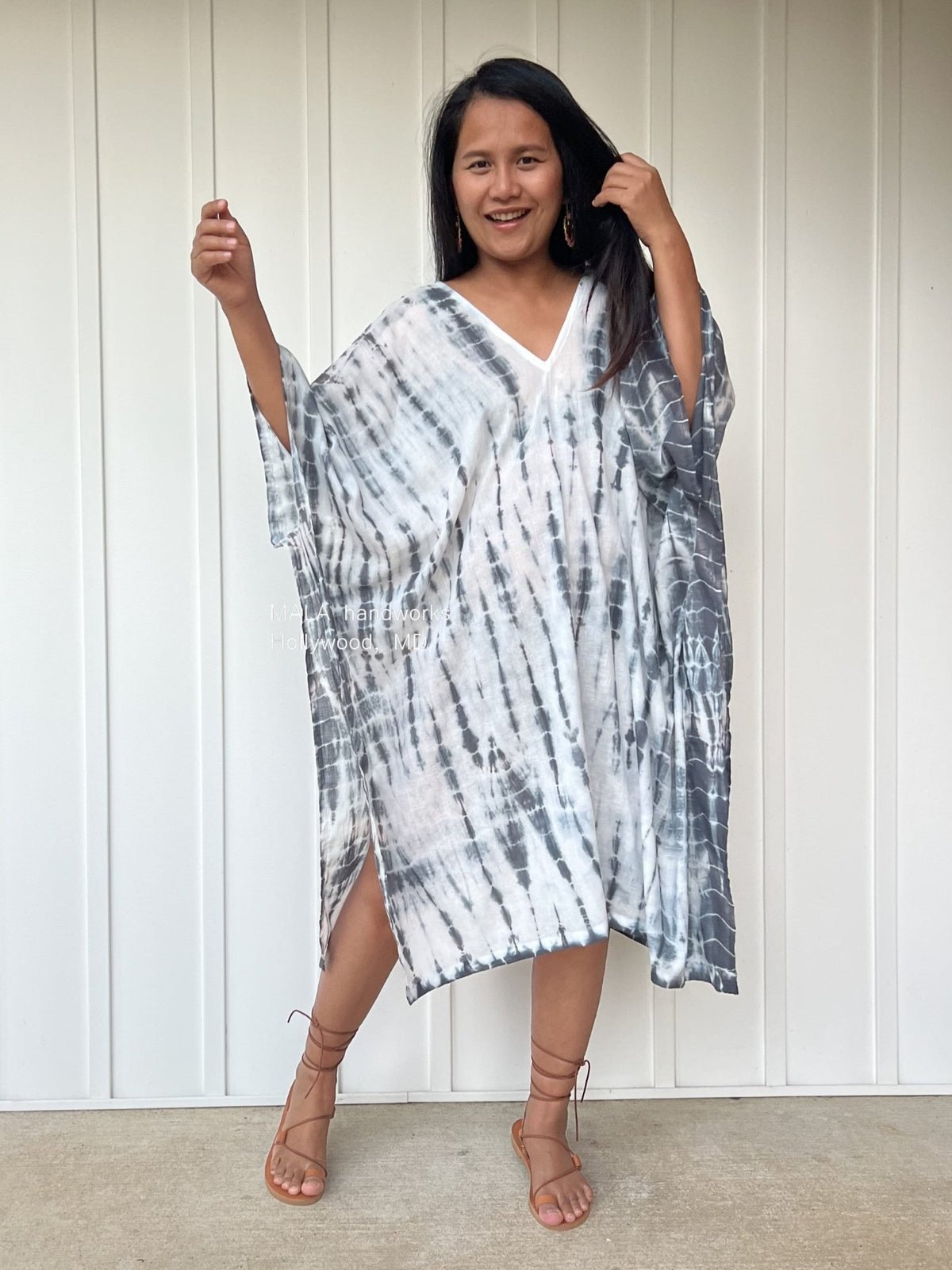 MALA handworks  Flora Midi Kaftan in White and Black Tie Dye