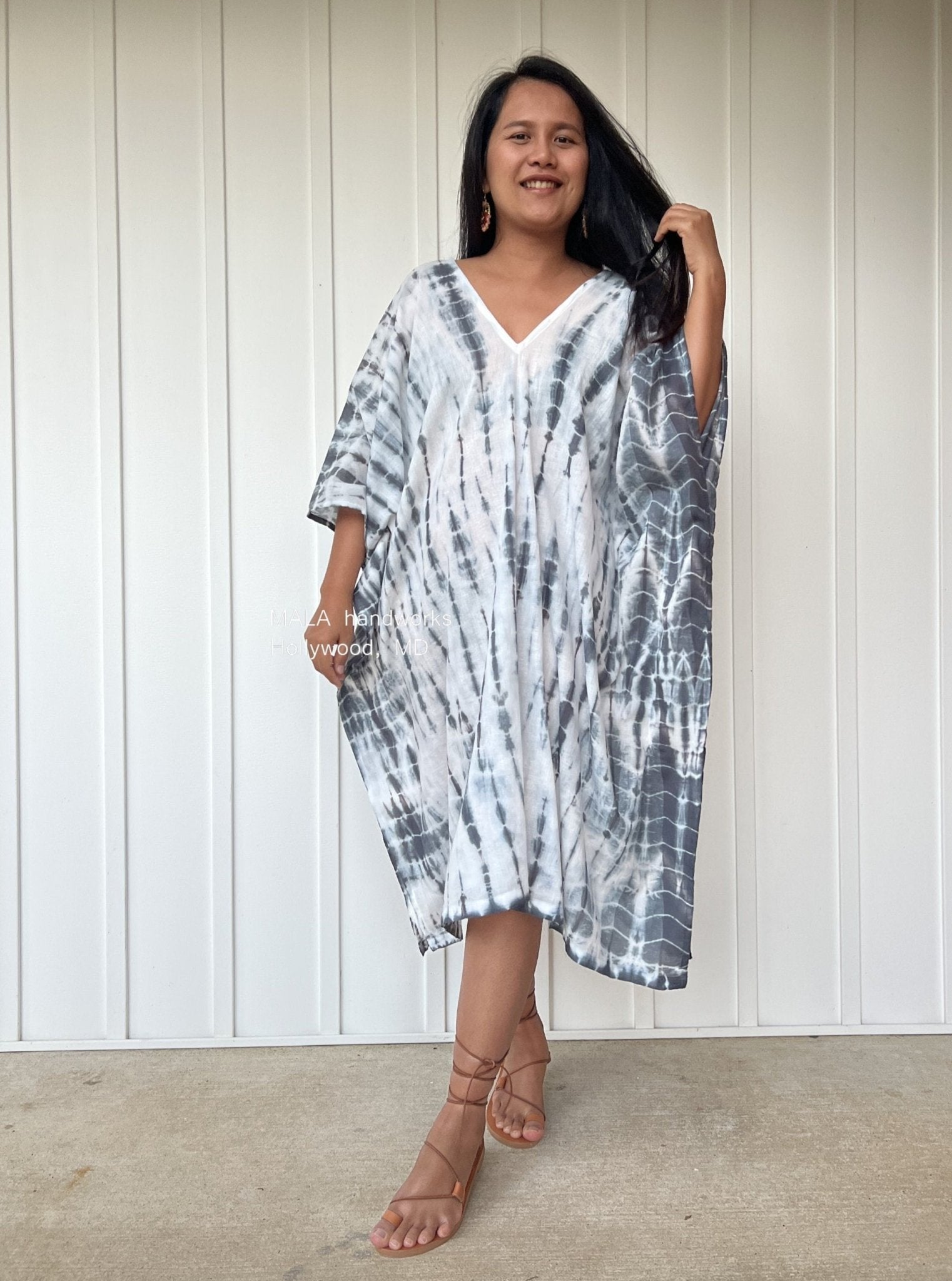 MALA handworks  Flora Midi Kaftan in White and Black Tie Dye