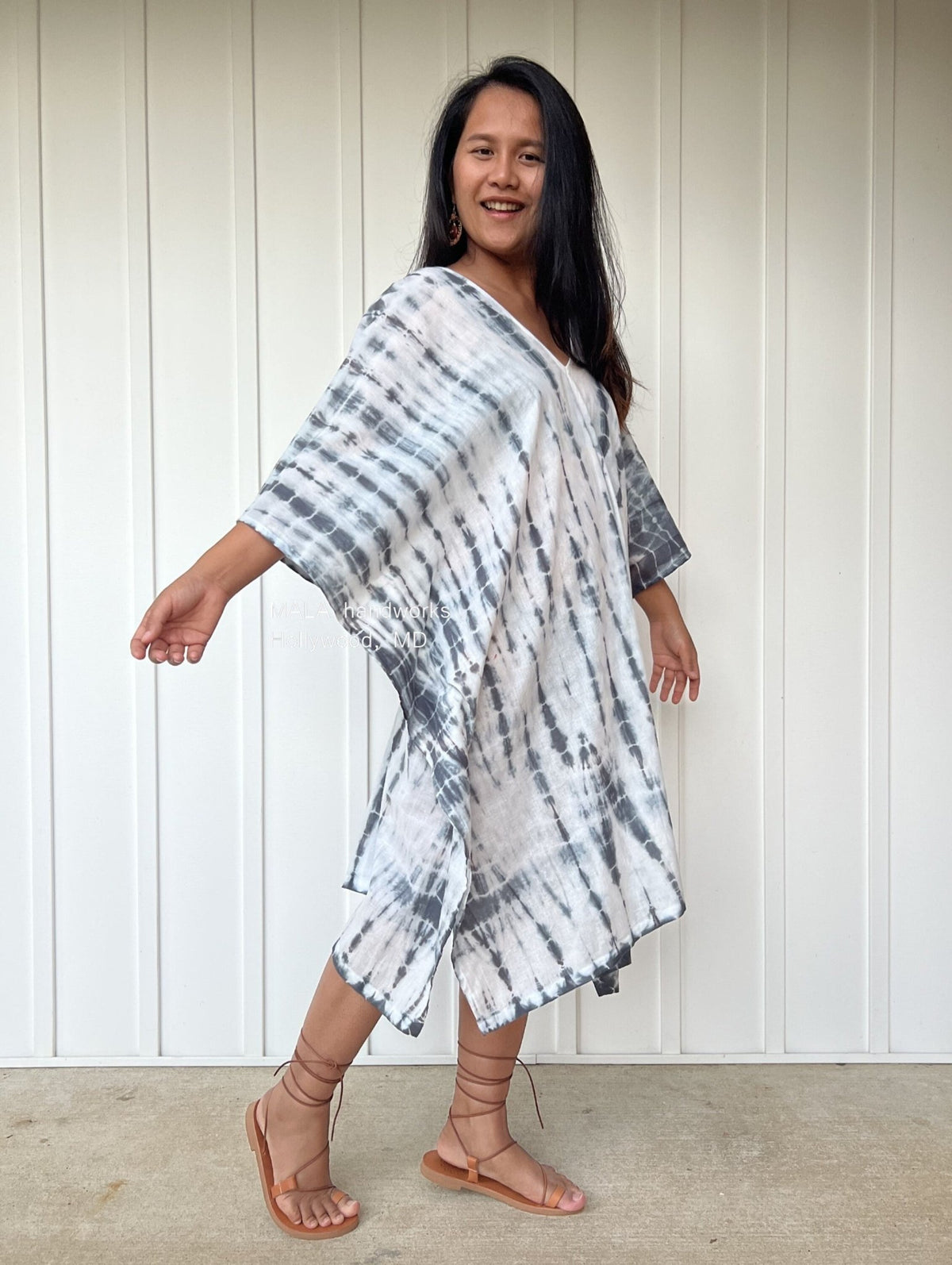 MALA handworks  Flora Midi Kaftan in White and Black Tie Dye