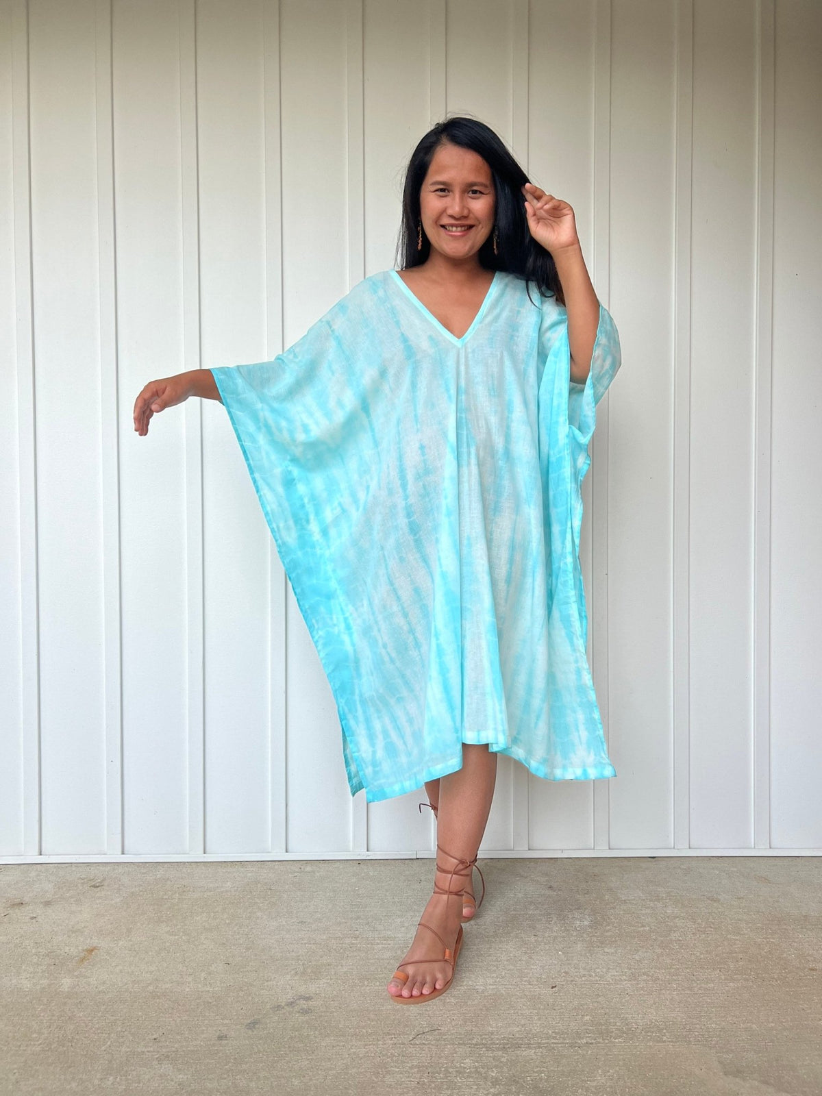 MALA handworks  Flora Midi Kaftan in White and Blue Aqua Tie Dye