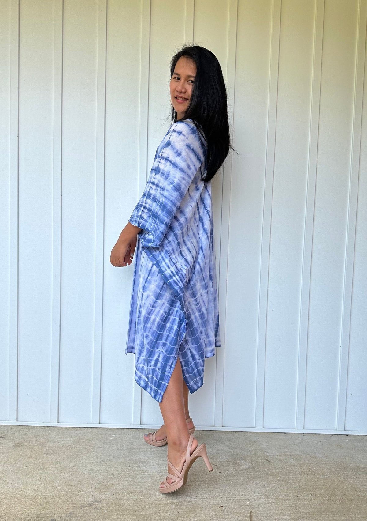 MALA handworks  Flora Midi Kaftan in White and Blue Tie Dye