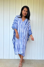 MALA handworks  Flora Midi Kaftan in White and Blue Tie Dye