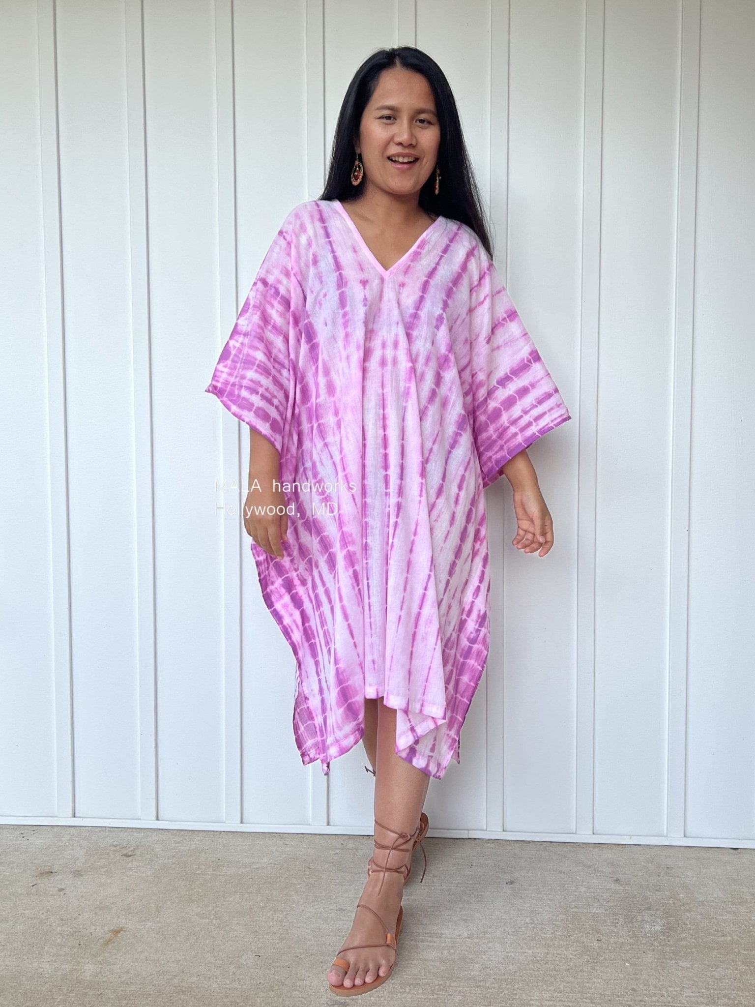 MALA handworks  Flora Midi Kaftan in White and Fuchsia Tie Dye