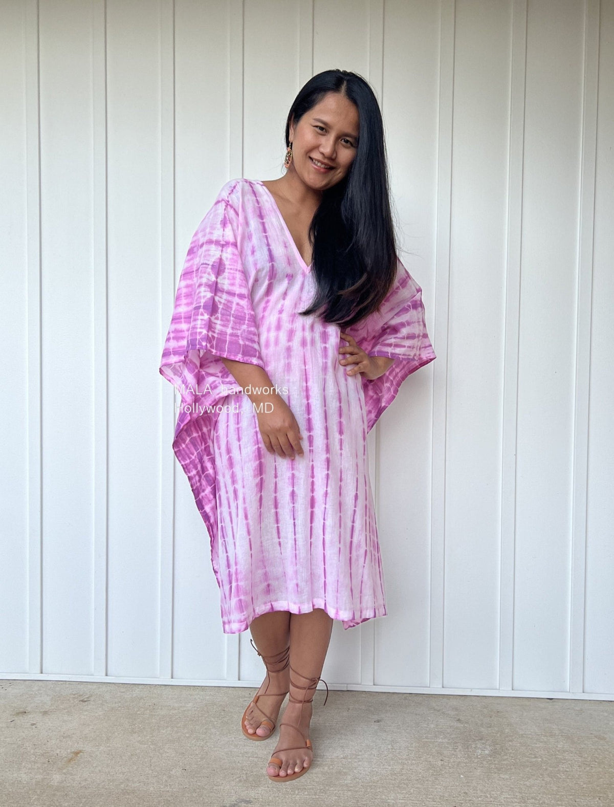 MALA handworks  Flora Midi Kaftan in White and Fuchsia Tie Dye