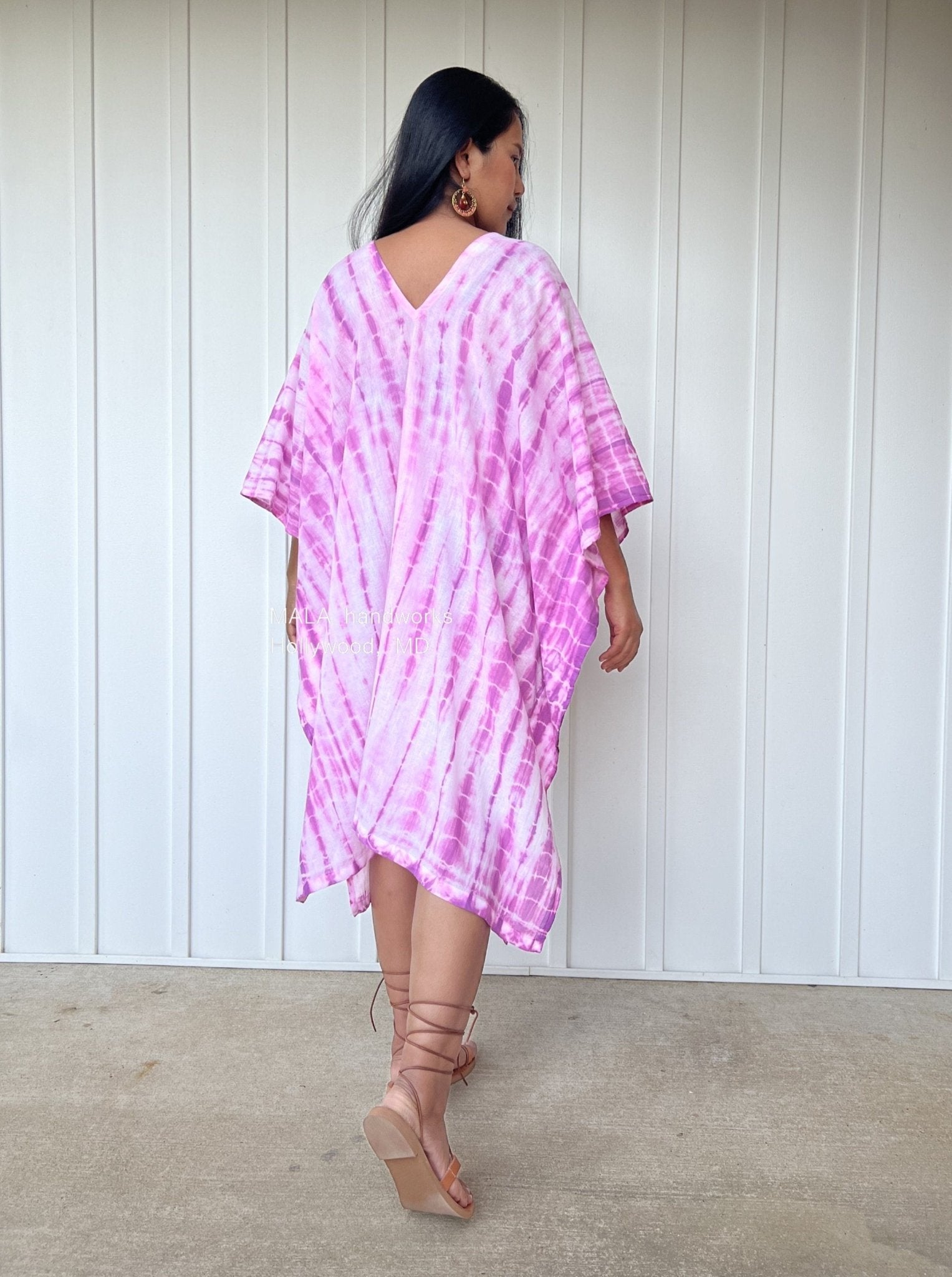 MALA handworks  Flora Midi Kaftan in White and Fuchsia Tie Dye