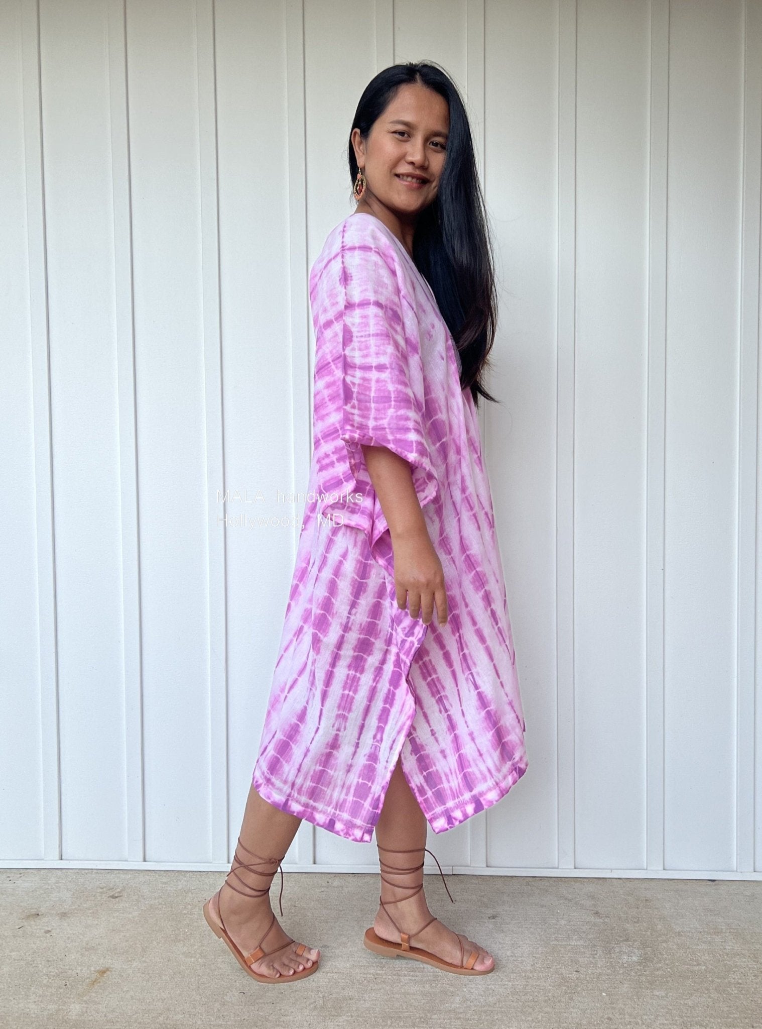 MALA handworks  Flora Midi Kaftan in White and Fuchsia Tie Dye