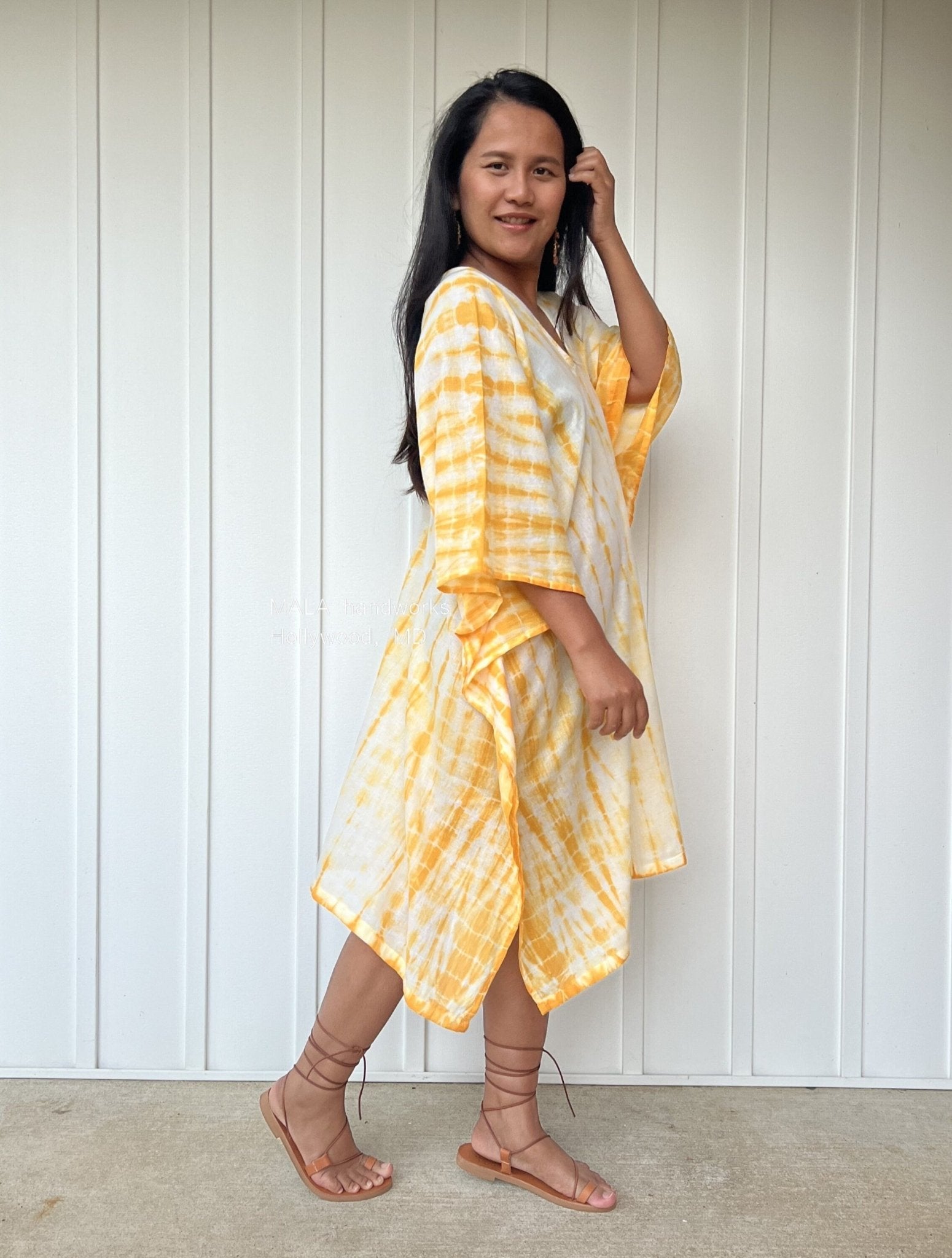 MALA handworks  Flora Midi Kaftan in White and Yellow Tie Dye