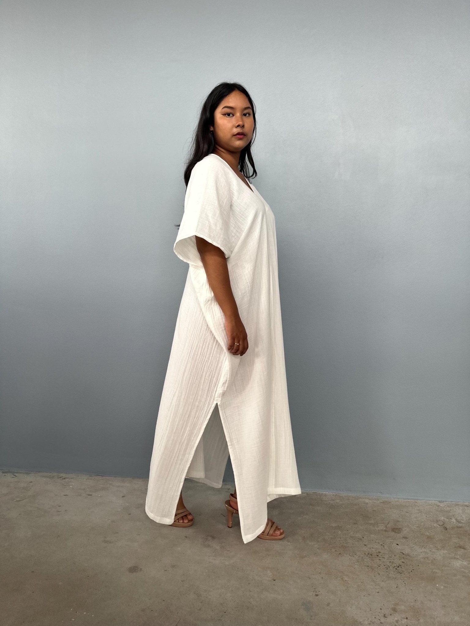 Gloria Double Gauze Cotton Kaftan in Natural White - Mala Handworks
