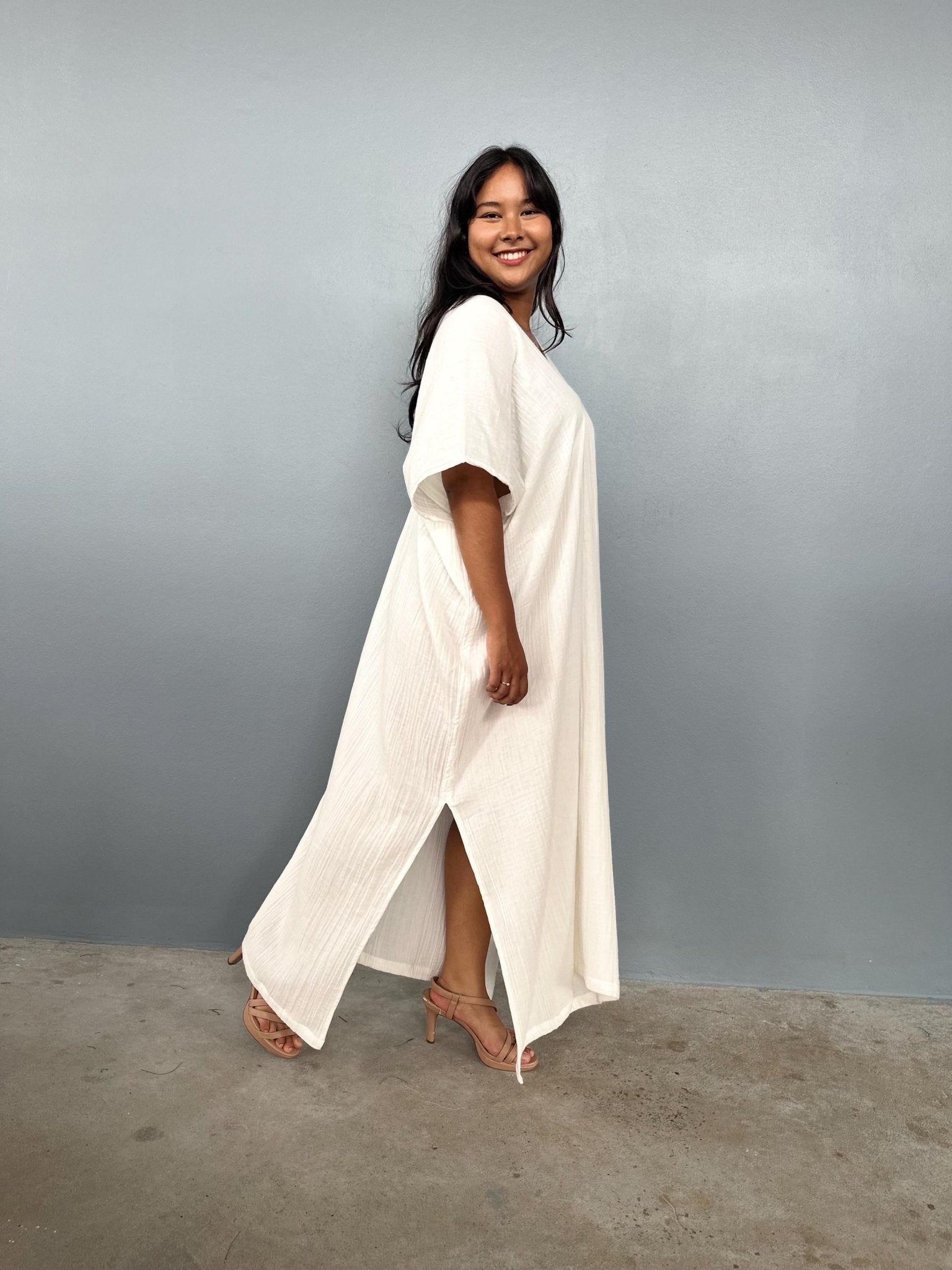 Gloria Double Gauze Cotton Kaftan in Natural White - Mala Handworks