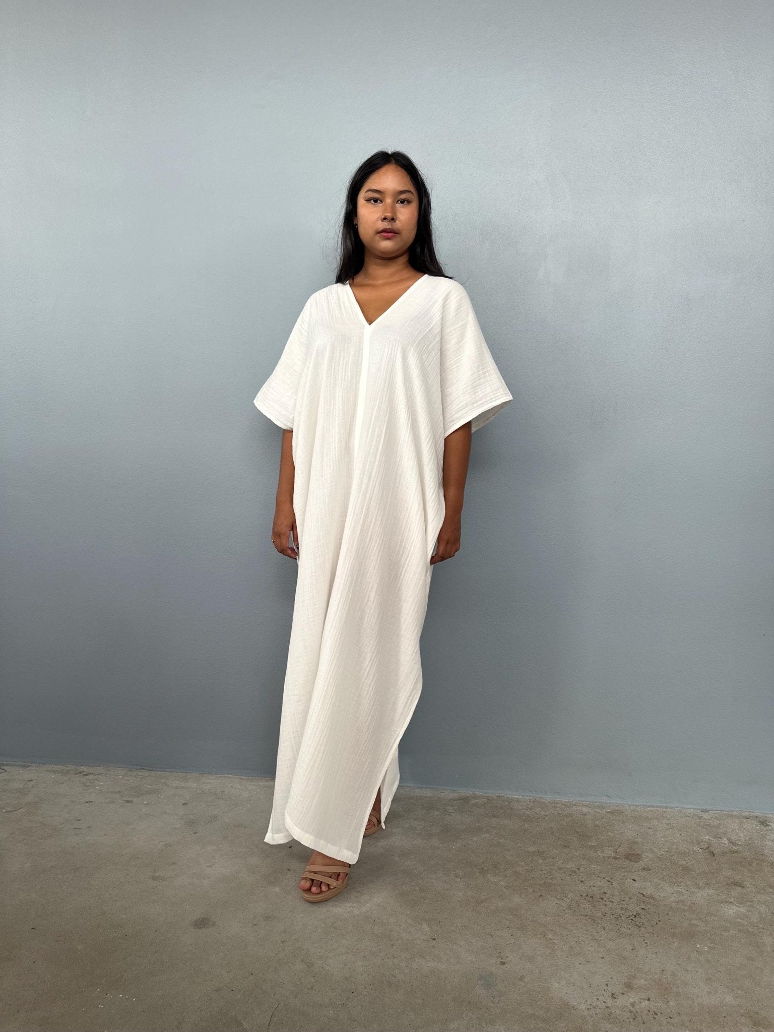 Gloria Double Gauze Cotton Kaftan in Natural White - Mala Handworks