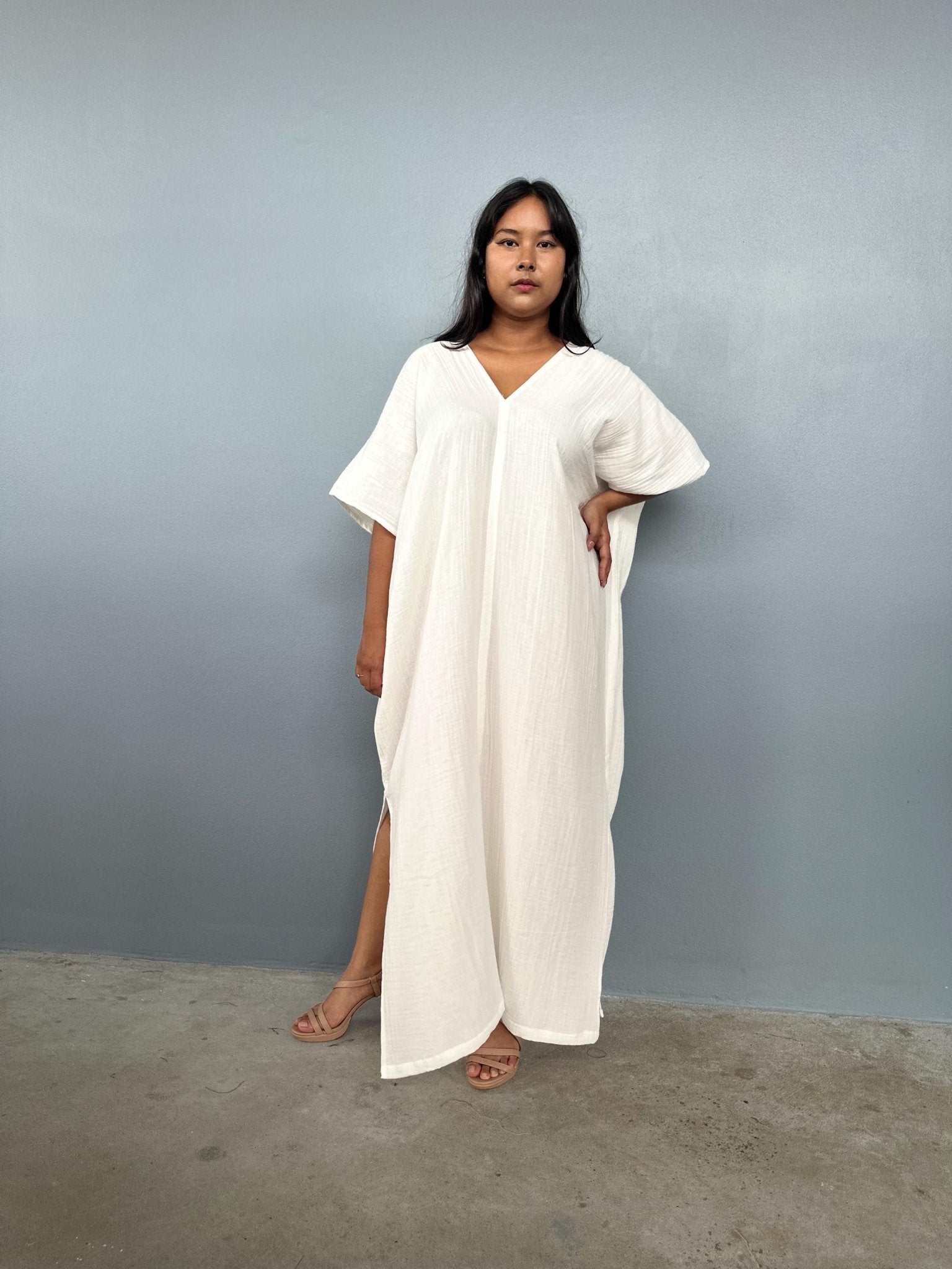 Gloria Double Gauze Cotton Kaftan in Natural White - Mala Handworks