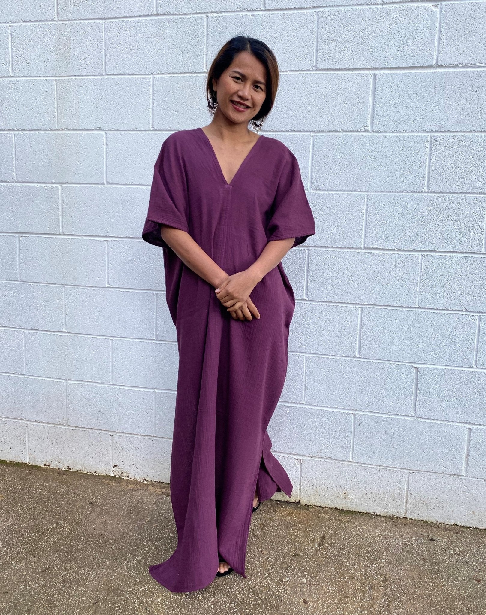 MALA handworks Gloria Double Gauze Cotton Kaftan in Purple Eggplant