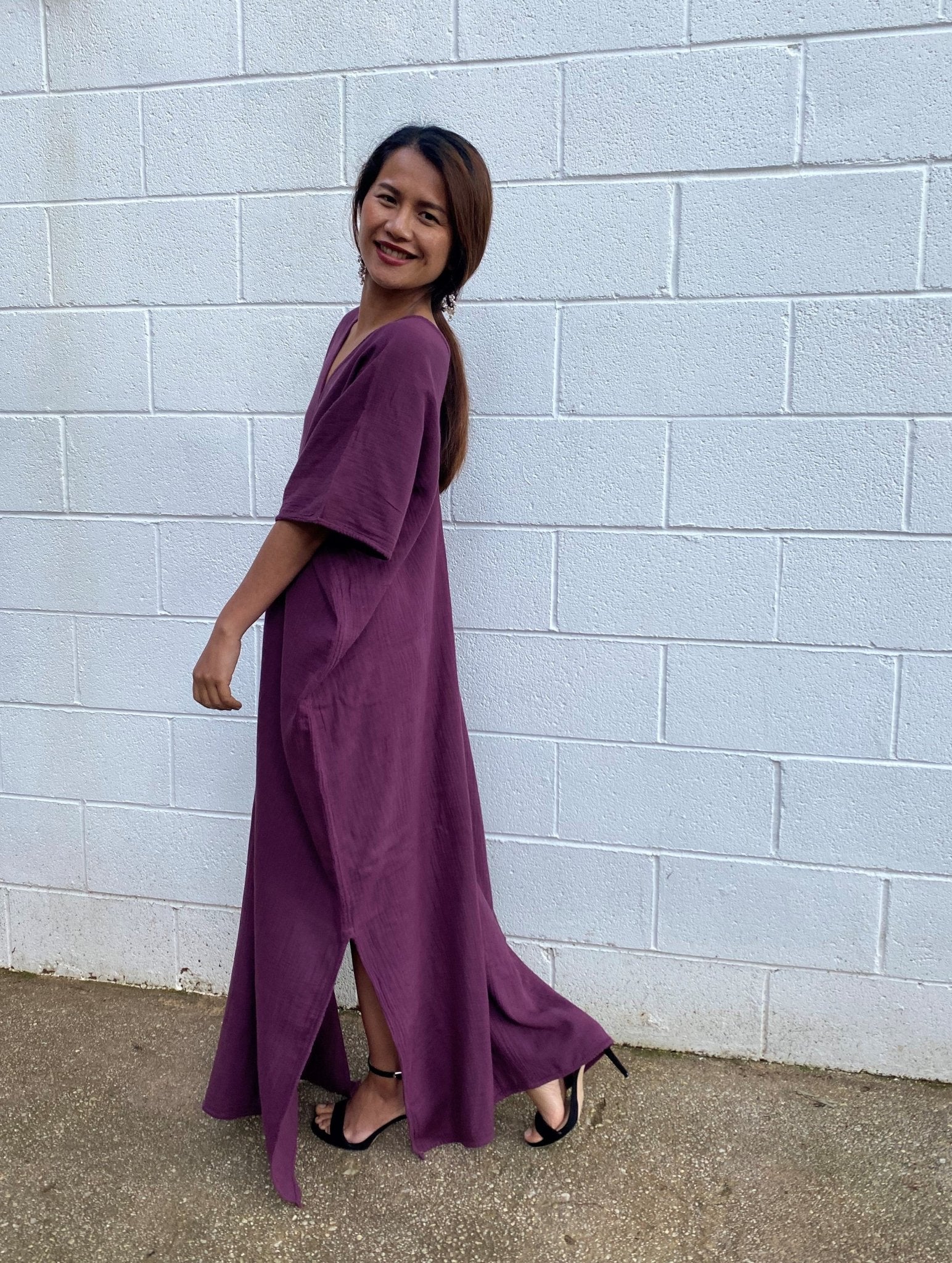 MALA handworks Gloria Double Gauze Cotton Kaftan in Purple Eggplant