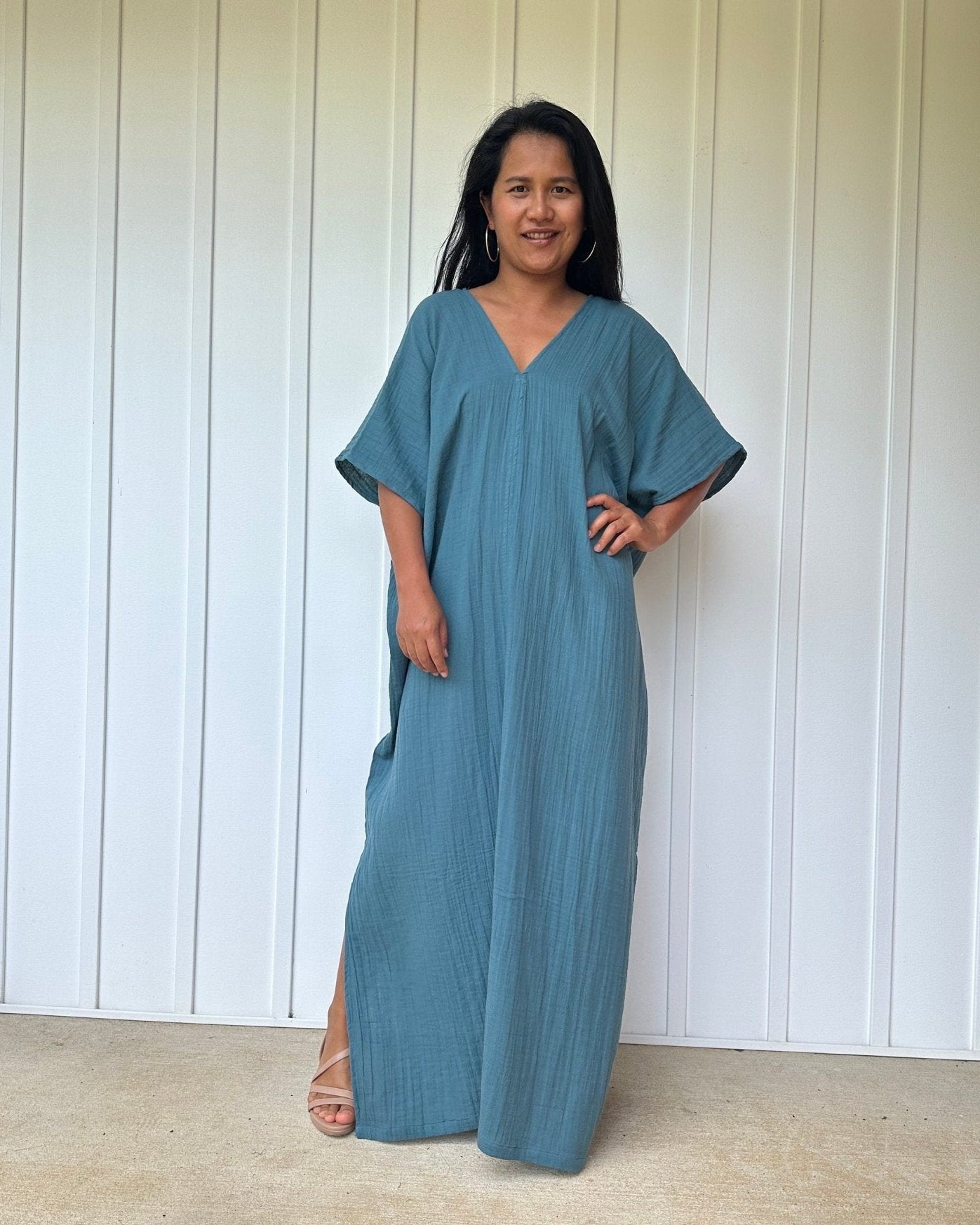 Mala Handworks Gloria Double Gauze Cotton Kaftan in Teal Blue