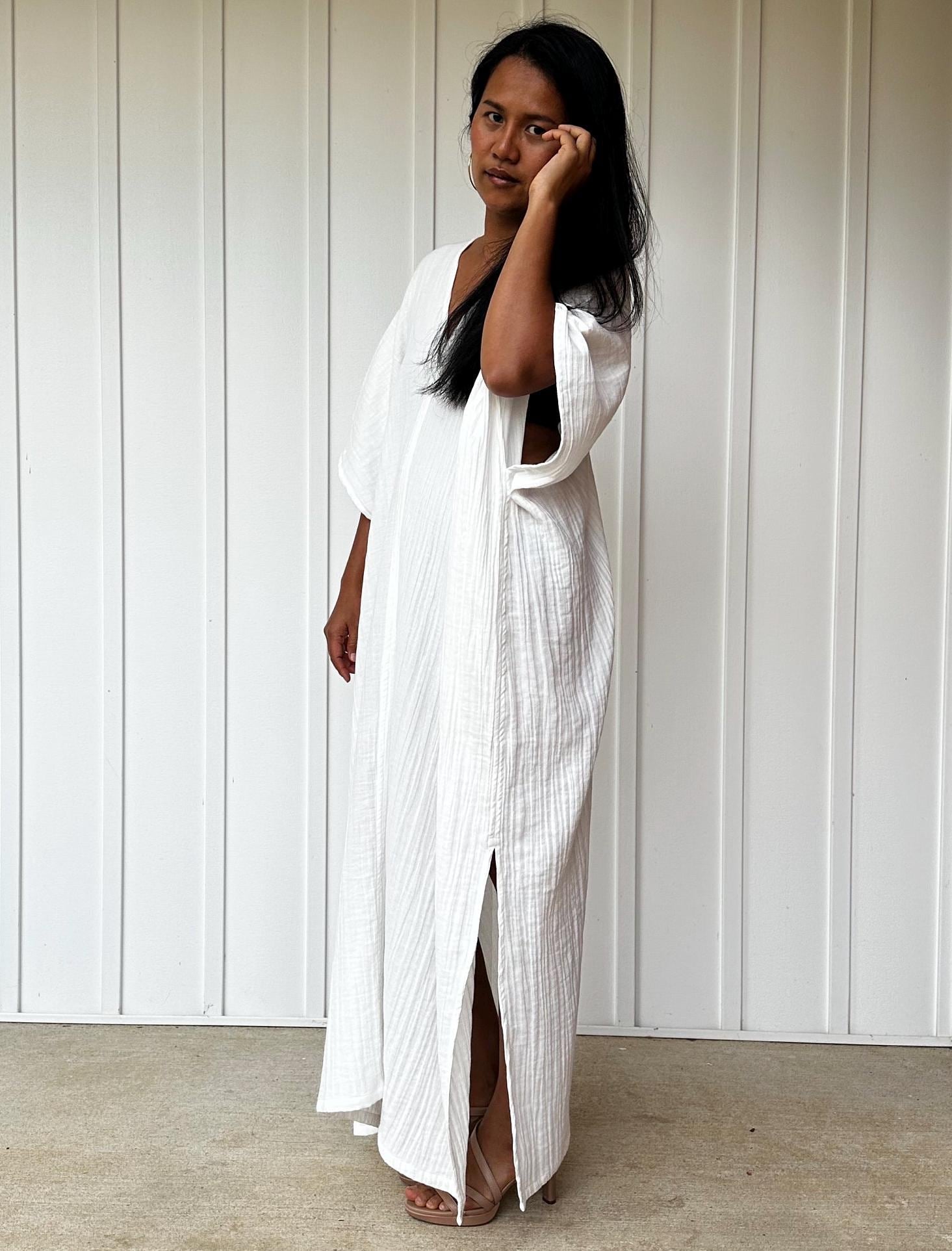 Grace Double Gauze Cotton Kaftan in Off White - Mala Handworks