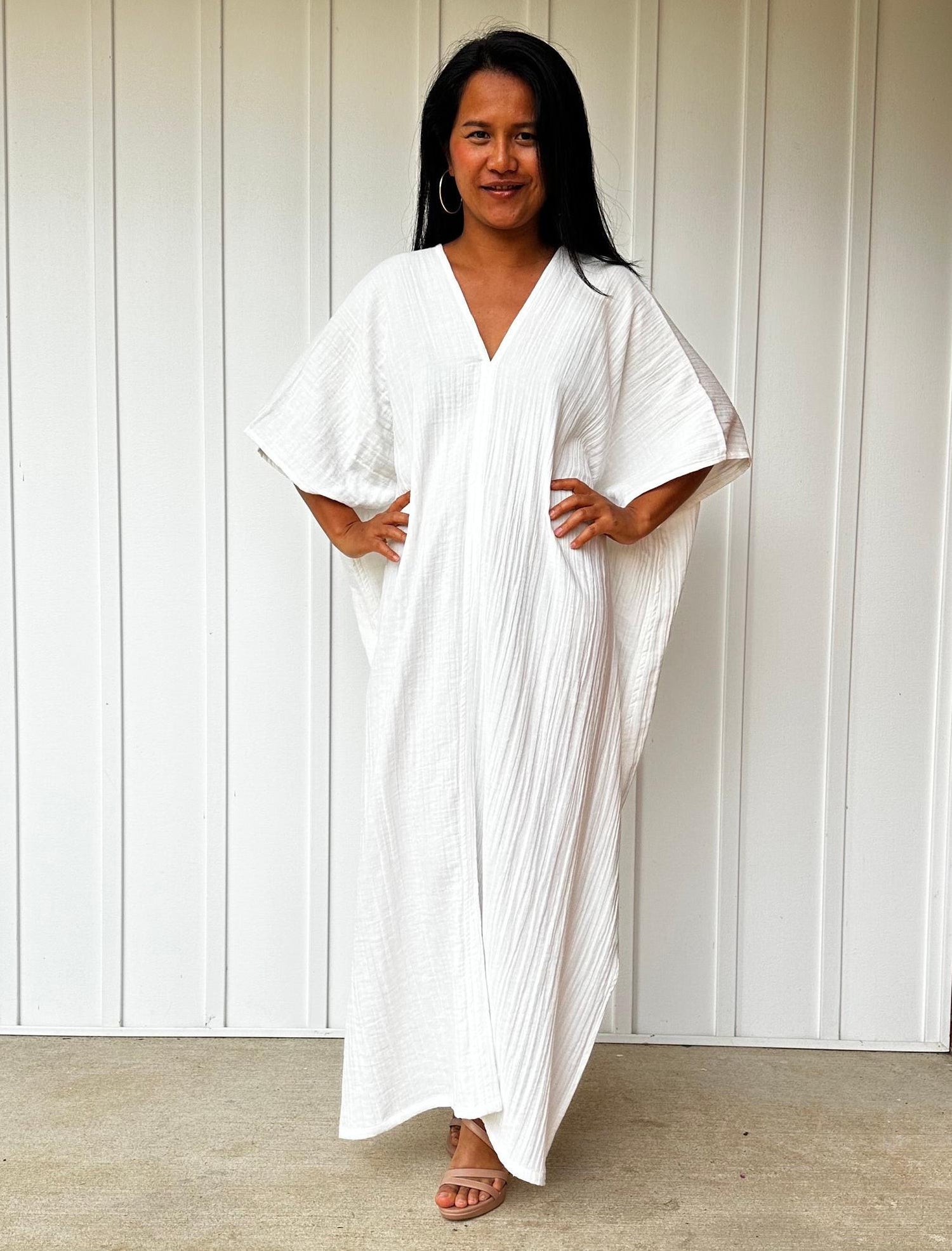 Grace Double Gauze Cotton Kaftan in Off White - Mala Handworks