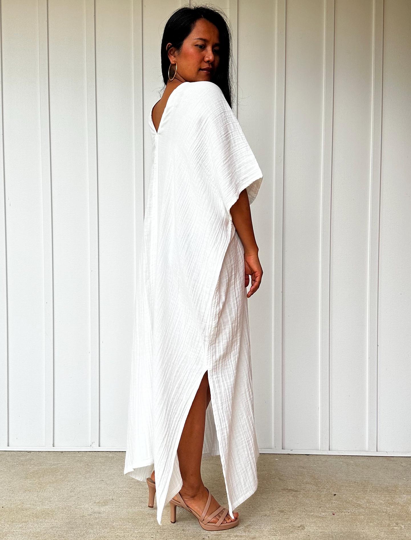 Grace Double Gauze Cotton Kaftan in Off White - Mala Handworks