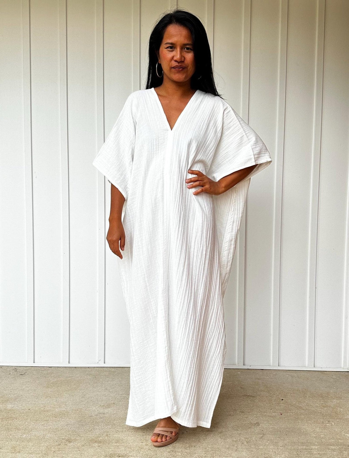Grace Double Gauze Cotton Kaftan in Off White - Mala Handworks