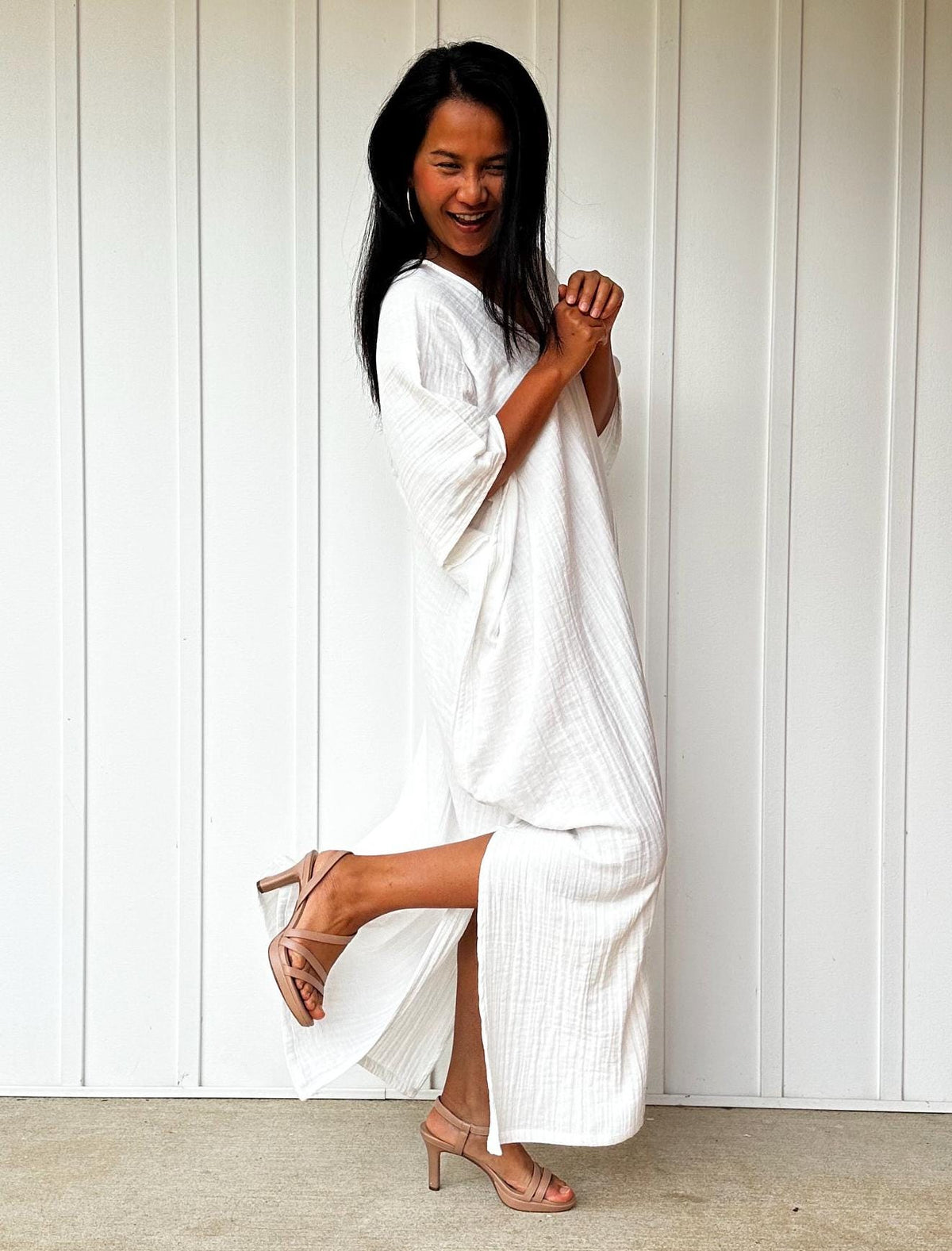 Grace Double Gauze Cotton Kaftan in Off White - Mala Handworks
