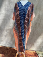 MALA handworks  Ikat Hand Woven Pattern Kaftan in Indigo Blue with Earthy Orange and White